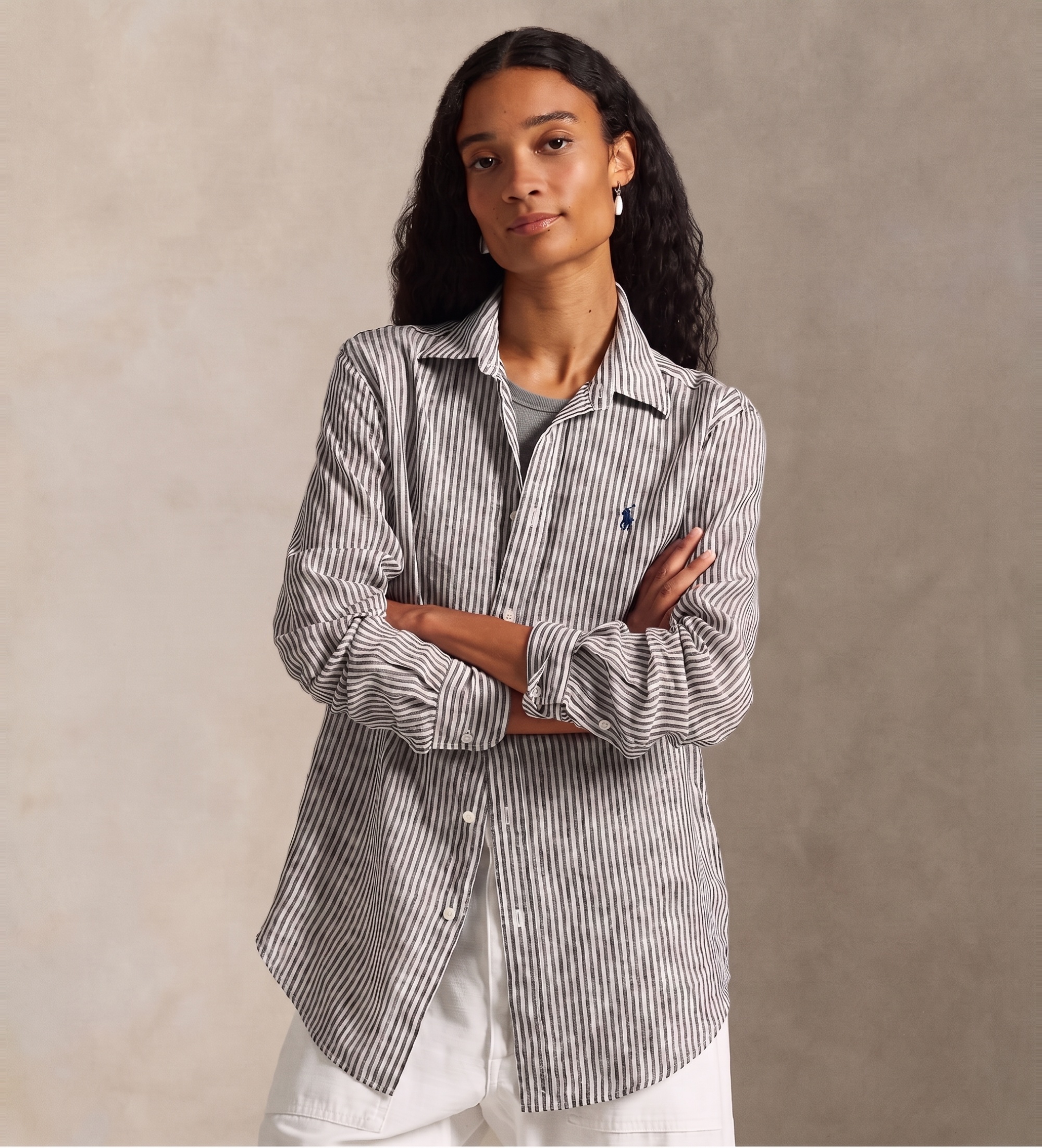 Polo Ralph Lauren für Damen. 211A96158005 Leinenhemd Classic Fit Striped weiß, schwarz (XS), Lässig, Langarm