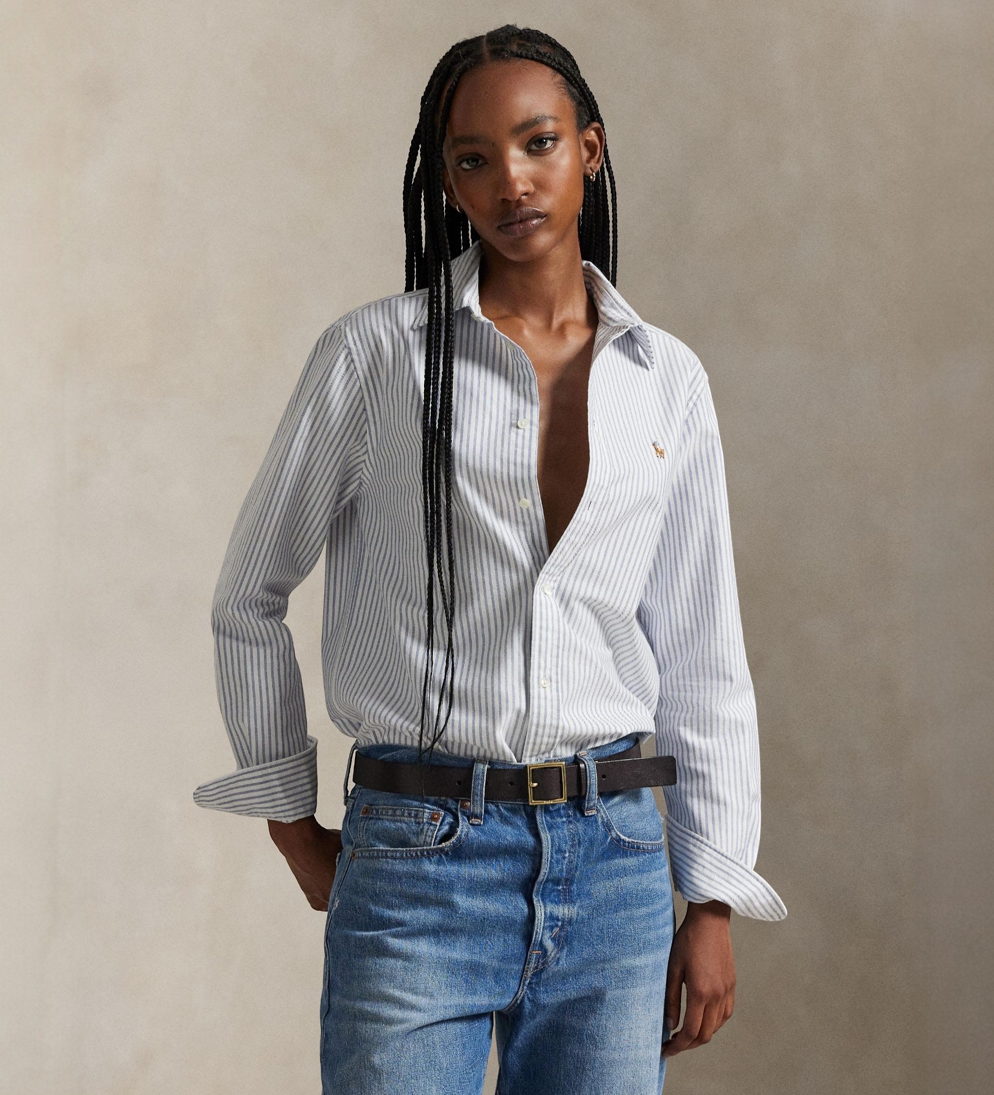 Polo Ralph Lauren für Damen. 211971500001 Klassisches Hemd gestreiftes Oxford weiß, blau (L), Lässig, Baumwolle, Langarm