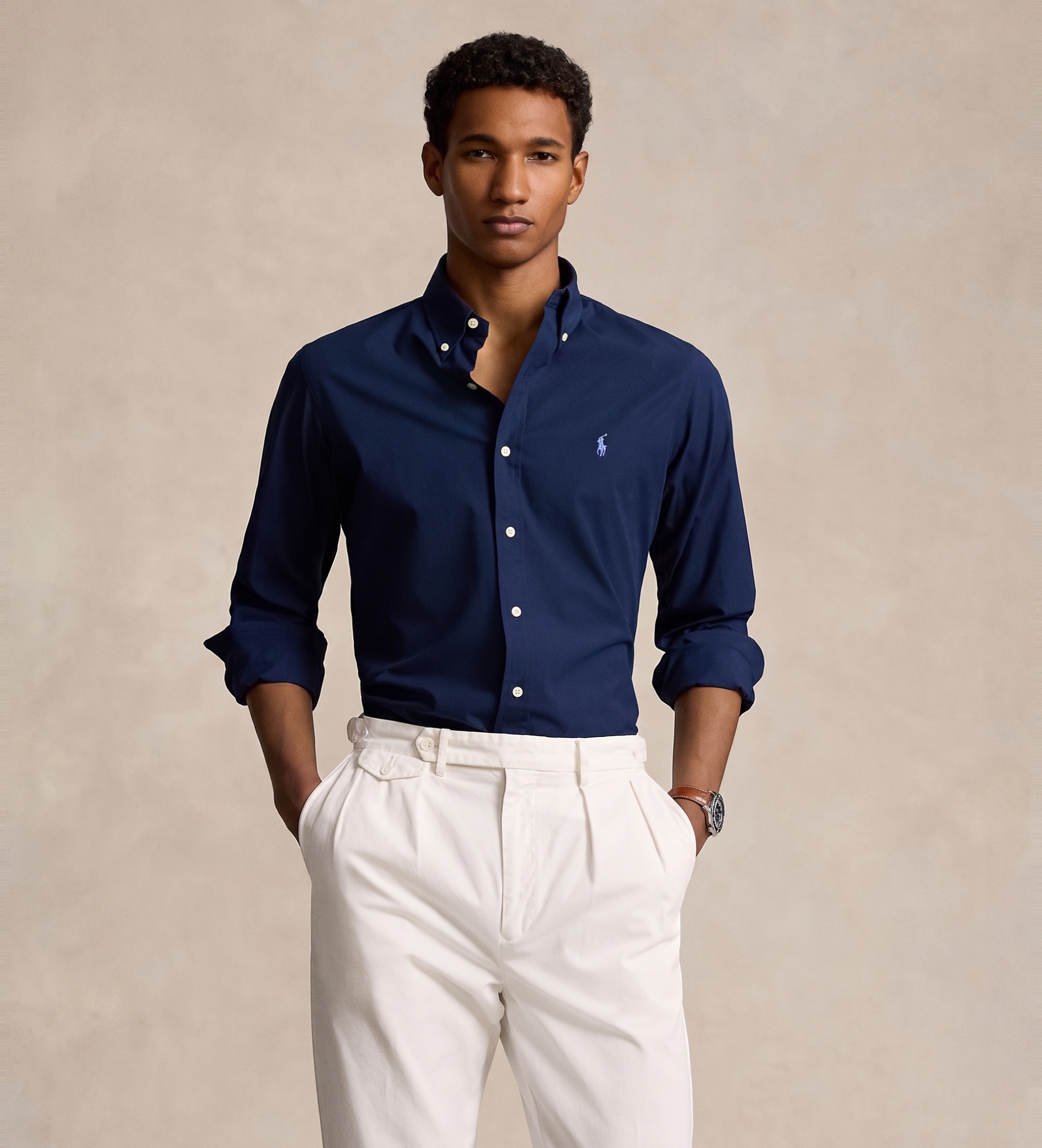 Polo Ralph Lauren für Herren. 710928255001 Custom Fit marinefarbenes Hemd (XXL), Lässig, Party, Baumwolle, Klassisch, Langarm