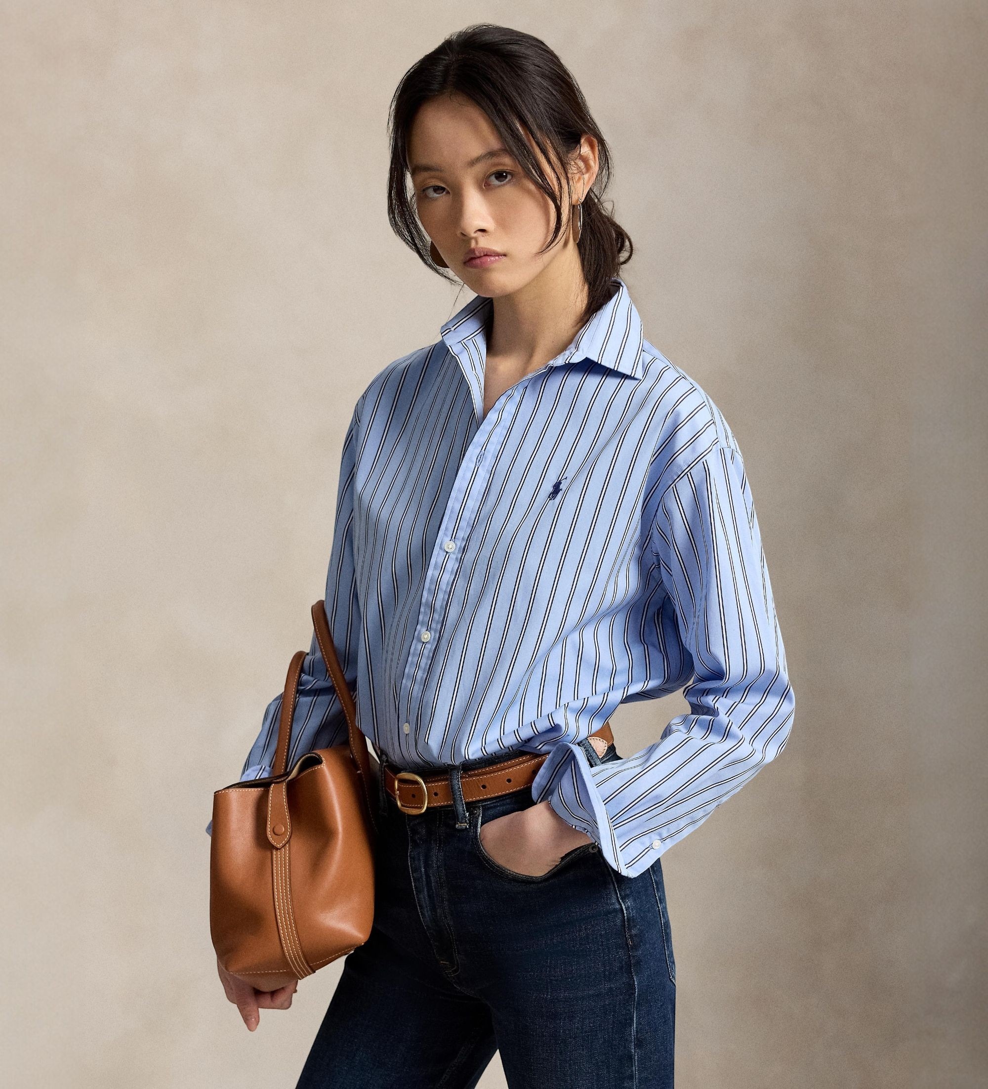 Polo Ralph Lauren für Damen. 211910743514 Relaxed Fit Gestreiftes Baumwollhemd blau (S), Lässig, Baumwolle, Langarm