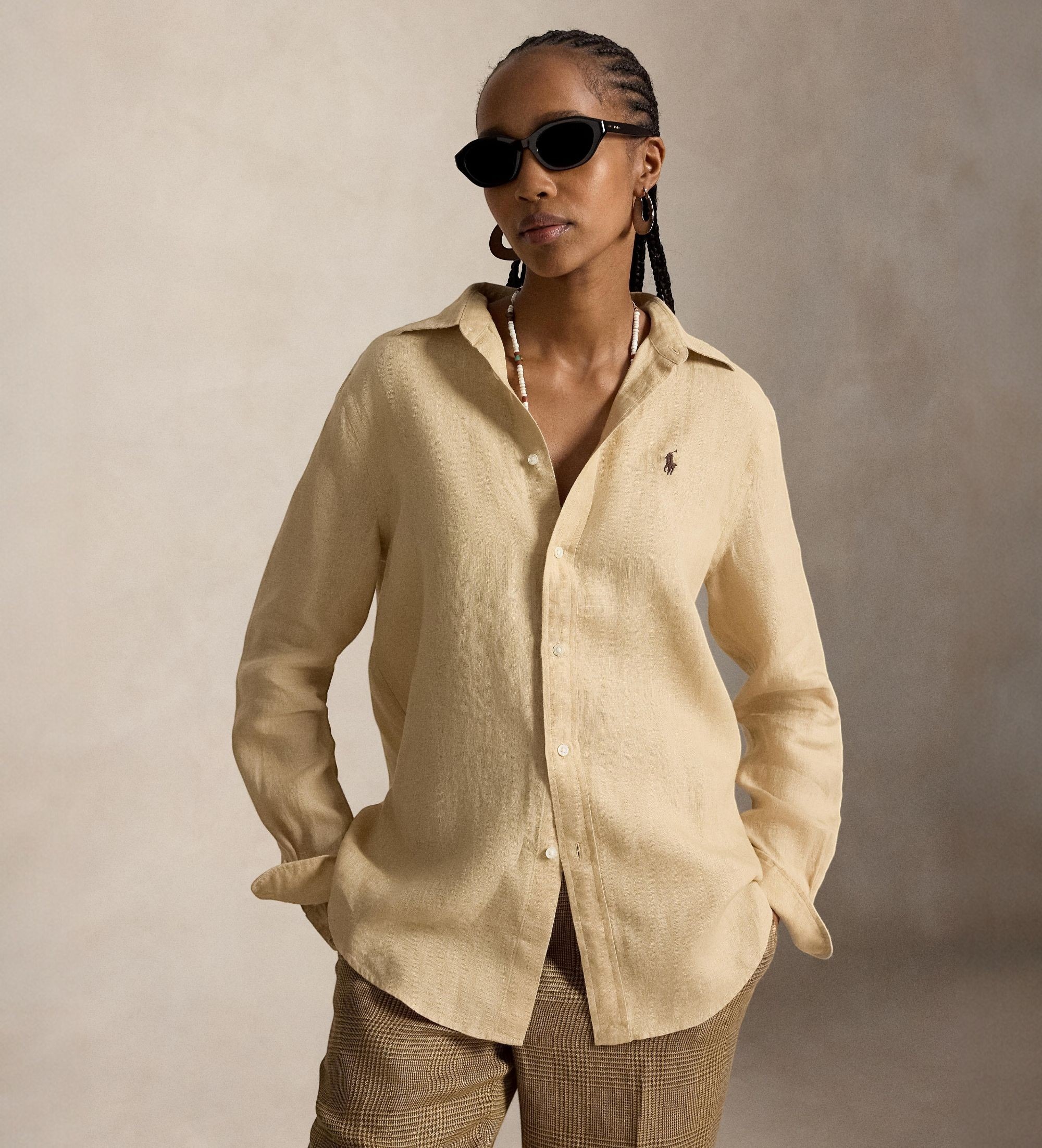 Polo Ralph Lauren für Damen. 211970730520 Classic Fit Leinenhemd Beige (M), Lässig, Langarm