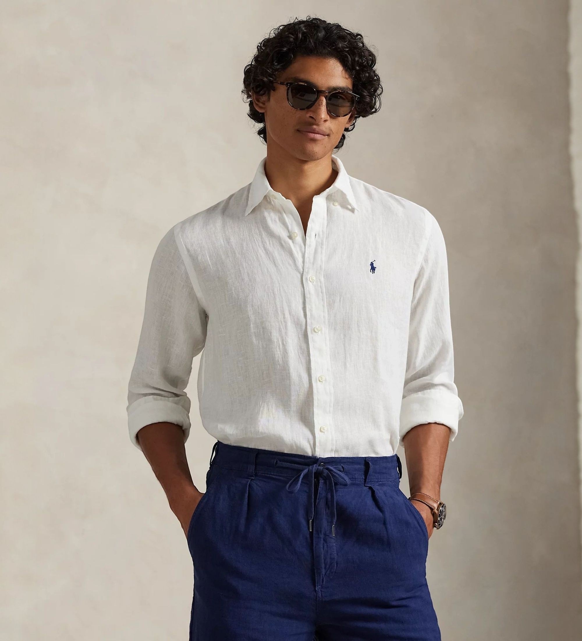 Polo Ralph Lauren für Herren. 710966294003 Maßgeschneidertes Leinenhemd weiß (M), Lässig, Langarm