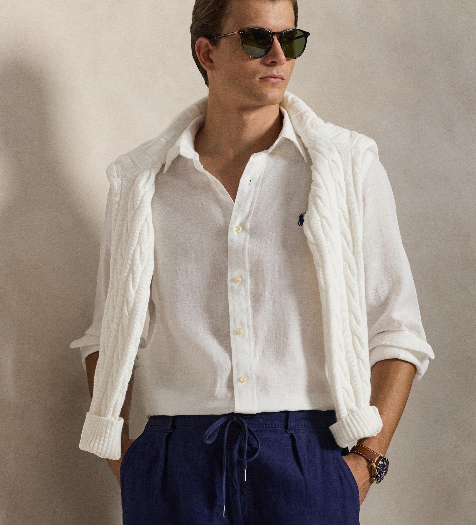 Polo Ralph Lauren für Herren. 710966294506 Maßgeschneidertes Leinenhemd weiß (XL), Lässig, Langarm