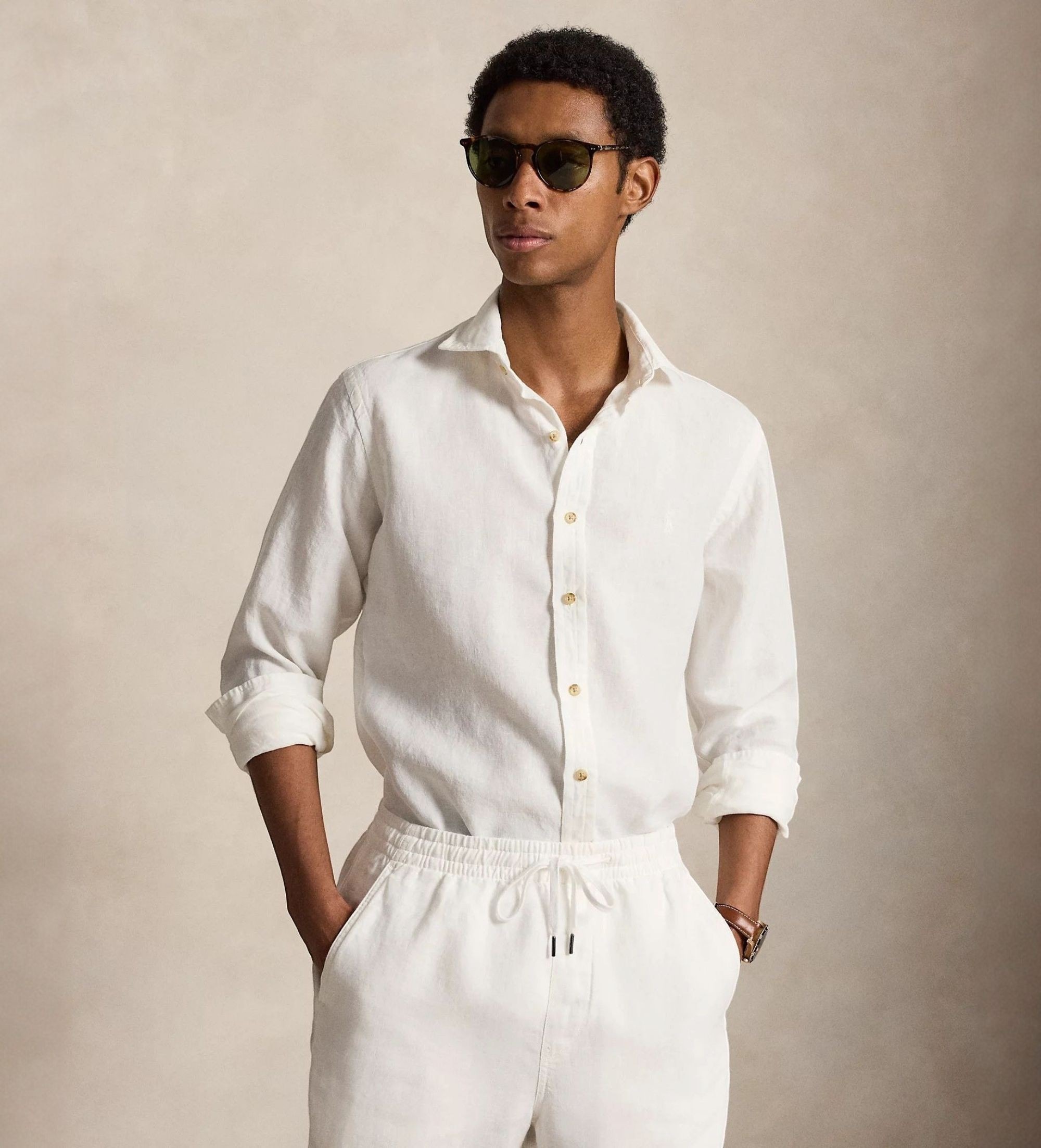 Polo Ralph Lauren für Herren. 710B22591001 Weißes Custom Fit Leinenhemd (L), Lässig, Langarm