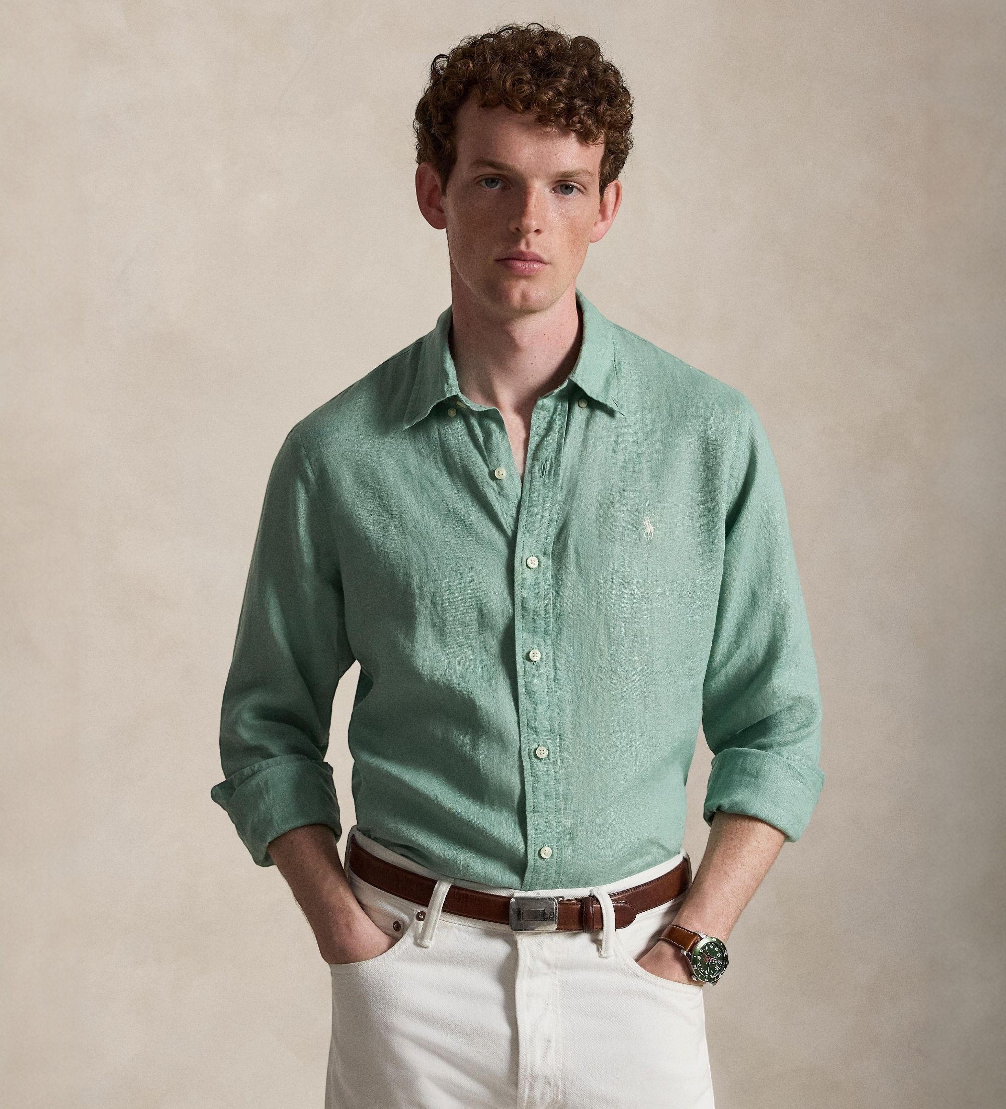 Polo Ralph Lauren für Herren. 710966294522 Maßgeschneidertes Leinenhemd grün (L), Lässig, Langarm