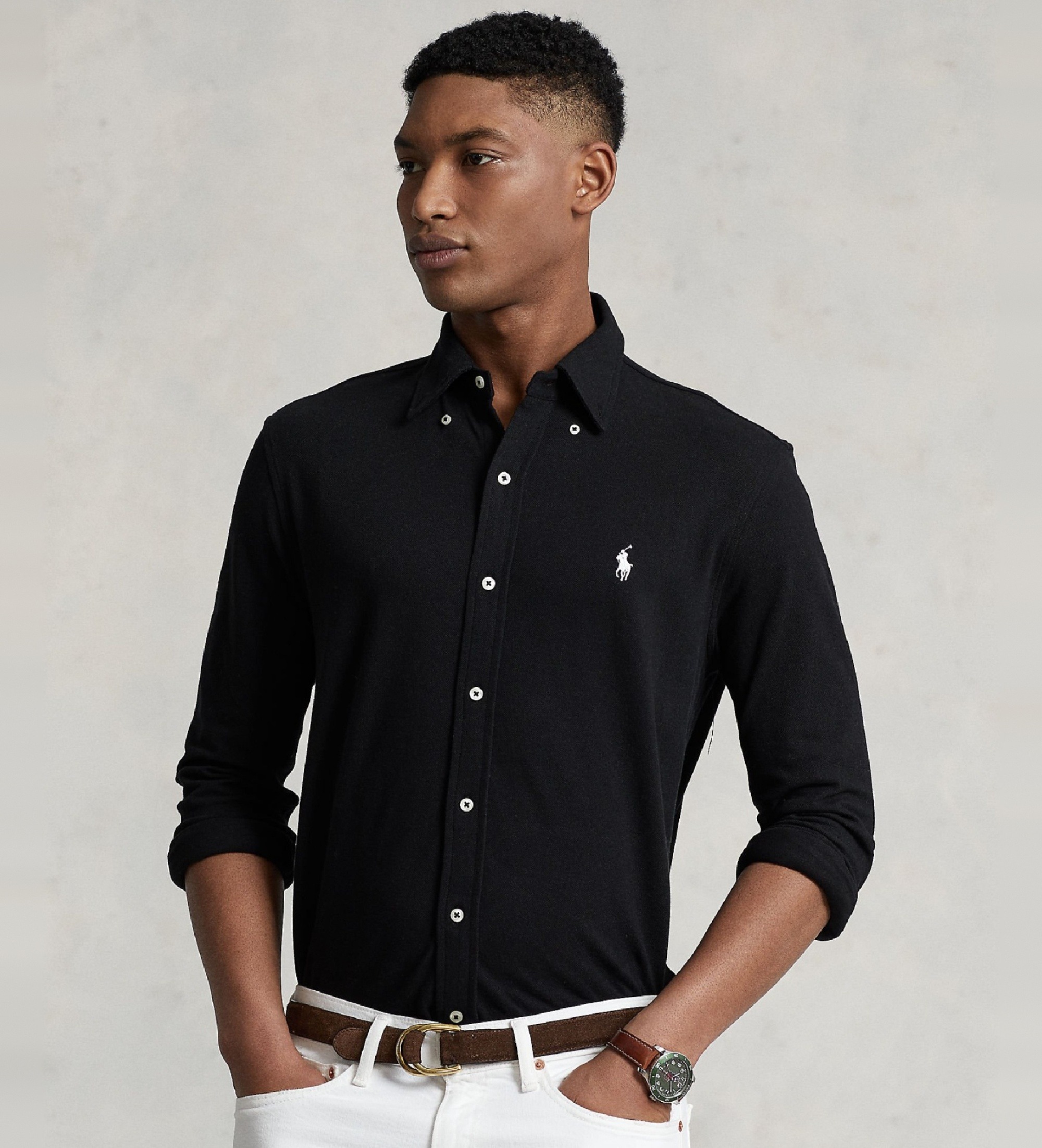 Polo Ralph Lauren für Herren. 710654408008 Schwarzes Netzhemd (L), Lässig, Baumwolle, Langarm
