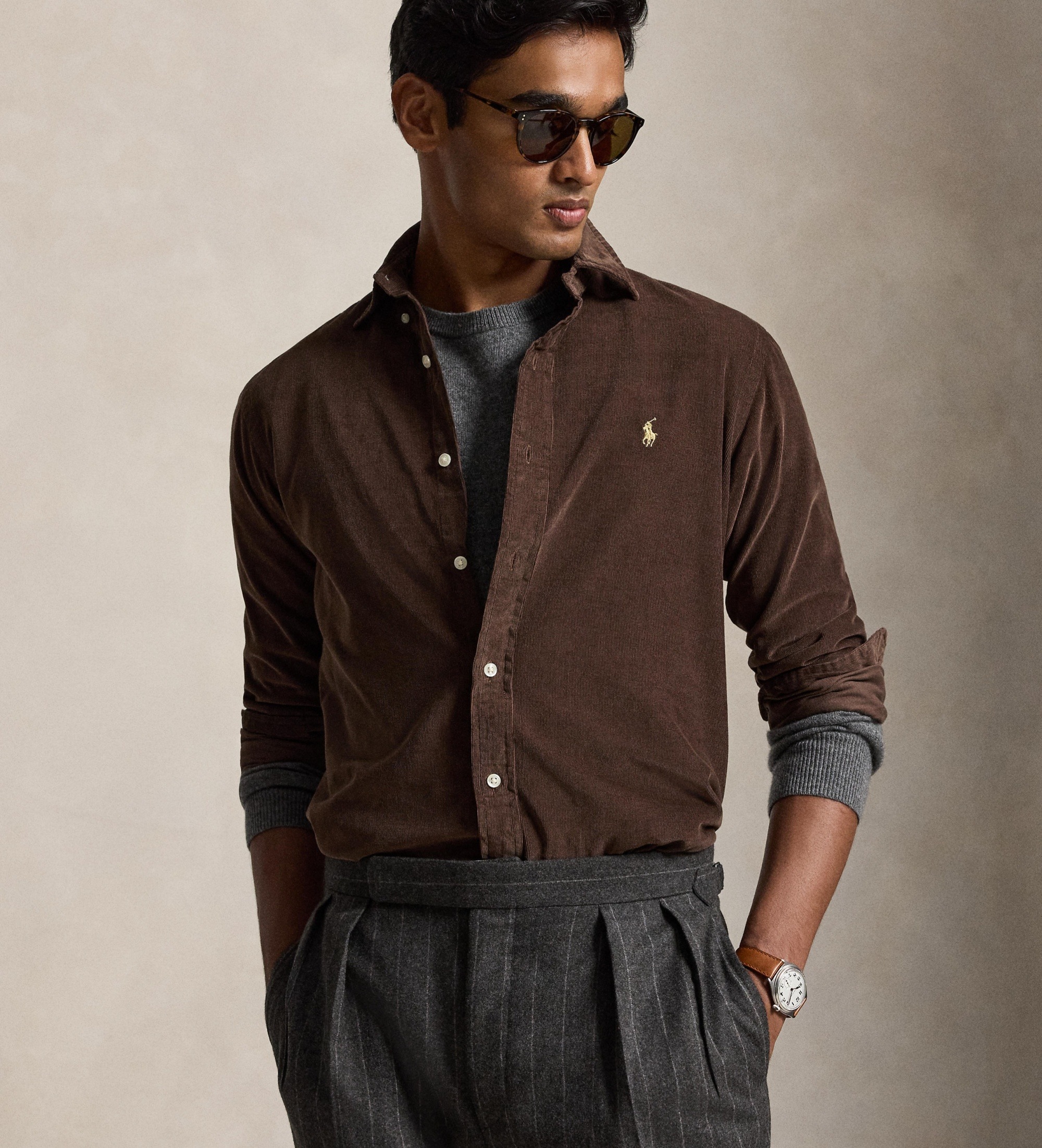 Polo Ralph Lauren für Herren. 710853123503 Cordhemd im Custom Fit (S), Braun, Lässig, Baumwolle, Langarm