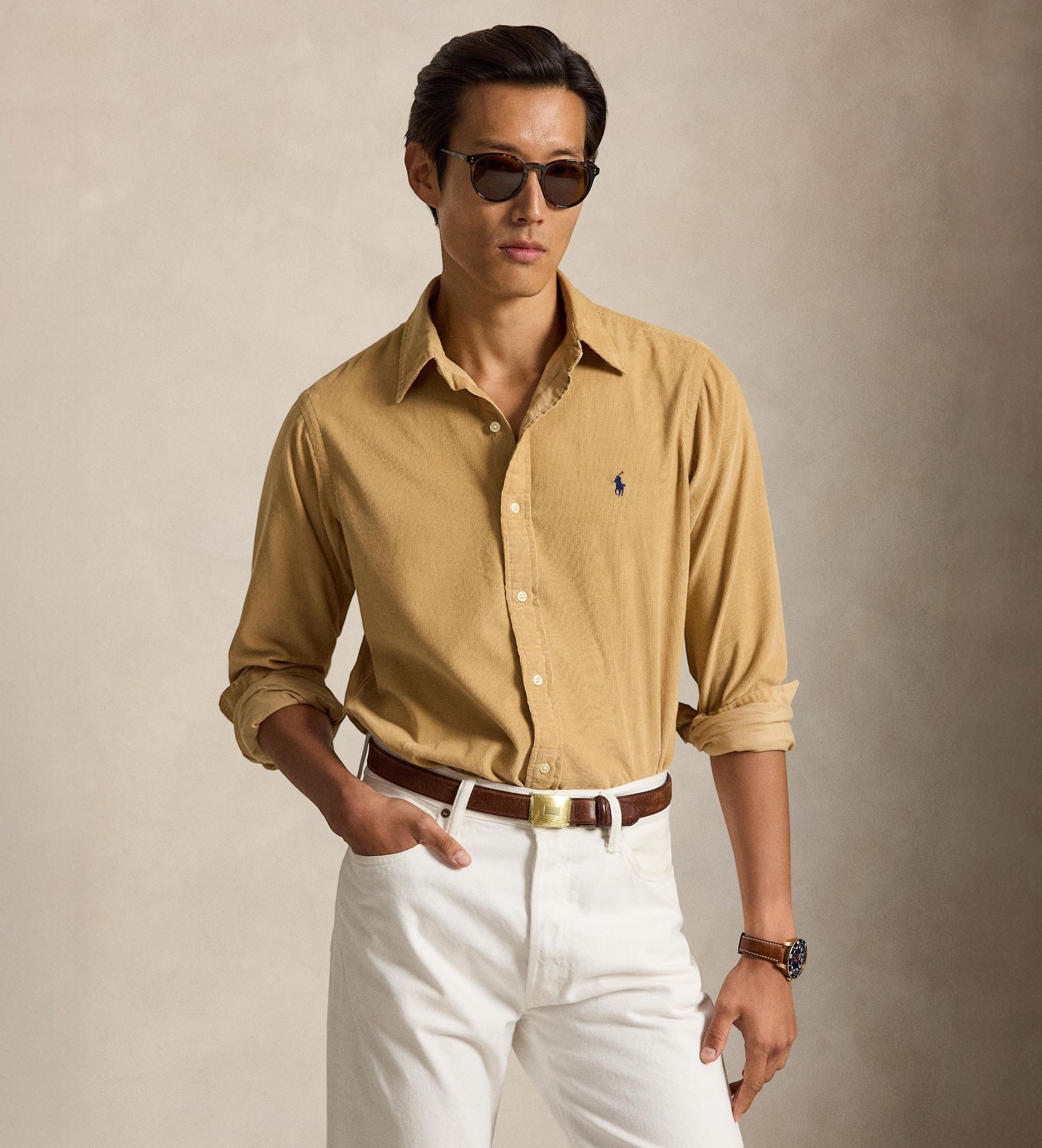Polo Ralph Lauren für Herren. 710853123501 Braunes Cordhemd in Custom Fit (S), Lässig, Baumwolle, Langarm