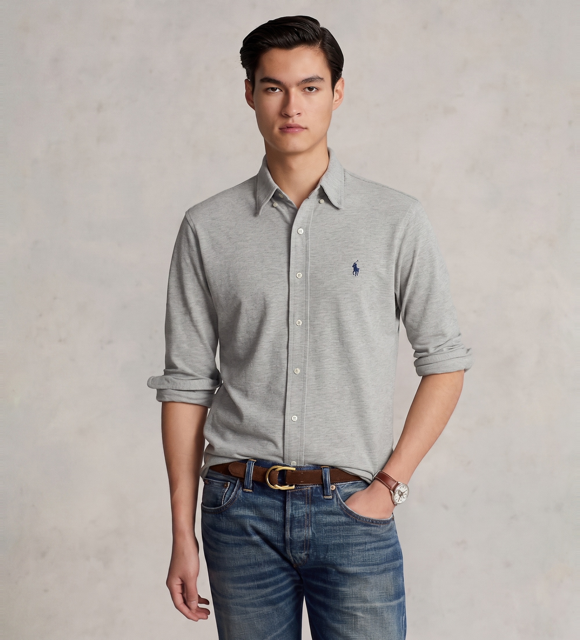 Polo Ralph Lauren für Herren. 710654408019 Ultraleichtes graues Piqué-Hemd (L), Lässig, Baumwolle, Langarm