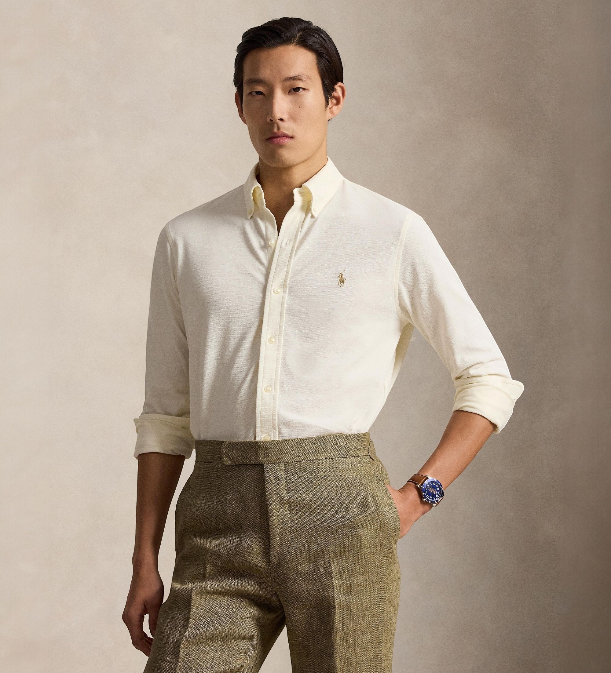 Polo Ralph Lauren für Herren. 710654408146 Ultraleichtes beigefarbenes Piqué-Hemd (M), Lässig, Baumwolle, Langarm