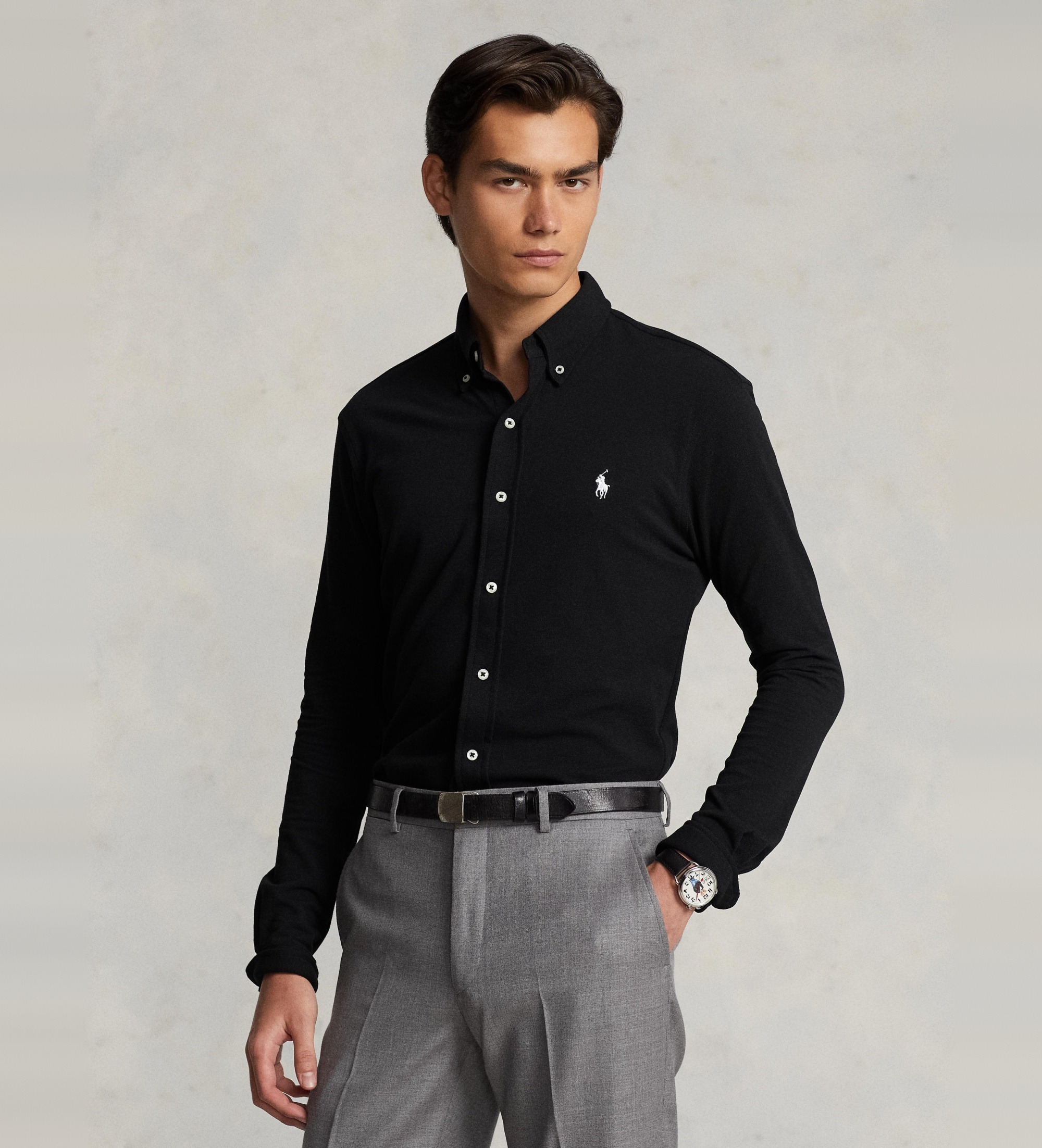 Polo Ralph Lauren für Herren. 710654408089 Ultraleichtes Piqué-Hemd schwarz (M), Lässig, Baumwolle, Klassisch, Langarm