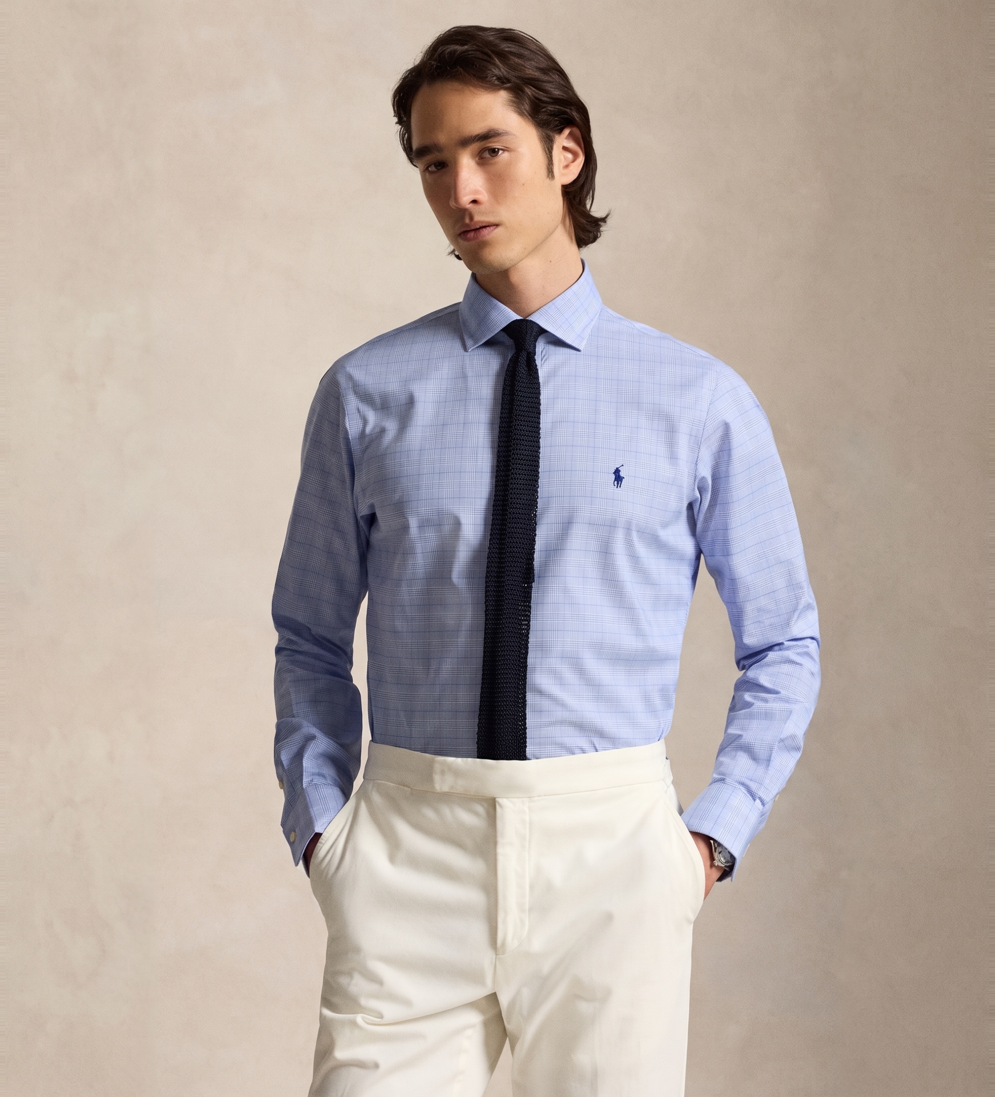 Polo Ralph Lauren für Herren. 712B22541002 Popeline-Hemd mit blauem Glencheck-Muster (41), Lässig, Baumwolle, Klassisch, Langarm