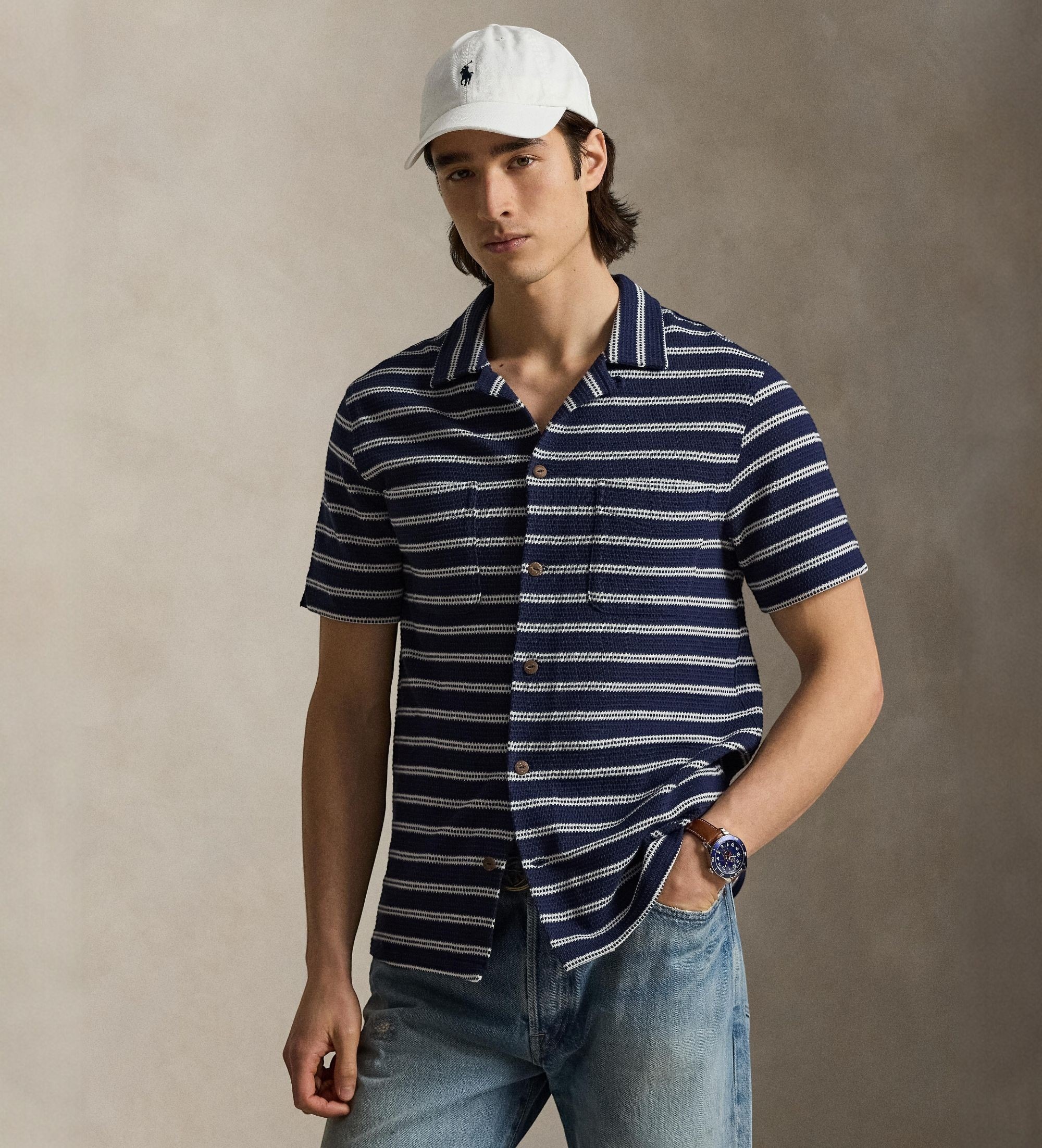 Polo Ralph Lauren für Herren. 710A13005002 Gestricktes Hemd und Pointelle mit marineblauen Streifen (M), Lässig, Baumwolle, Kurzarm