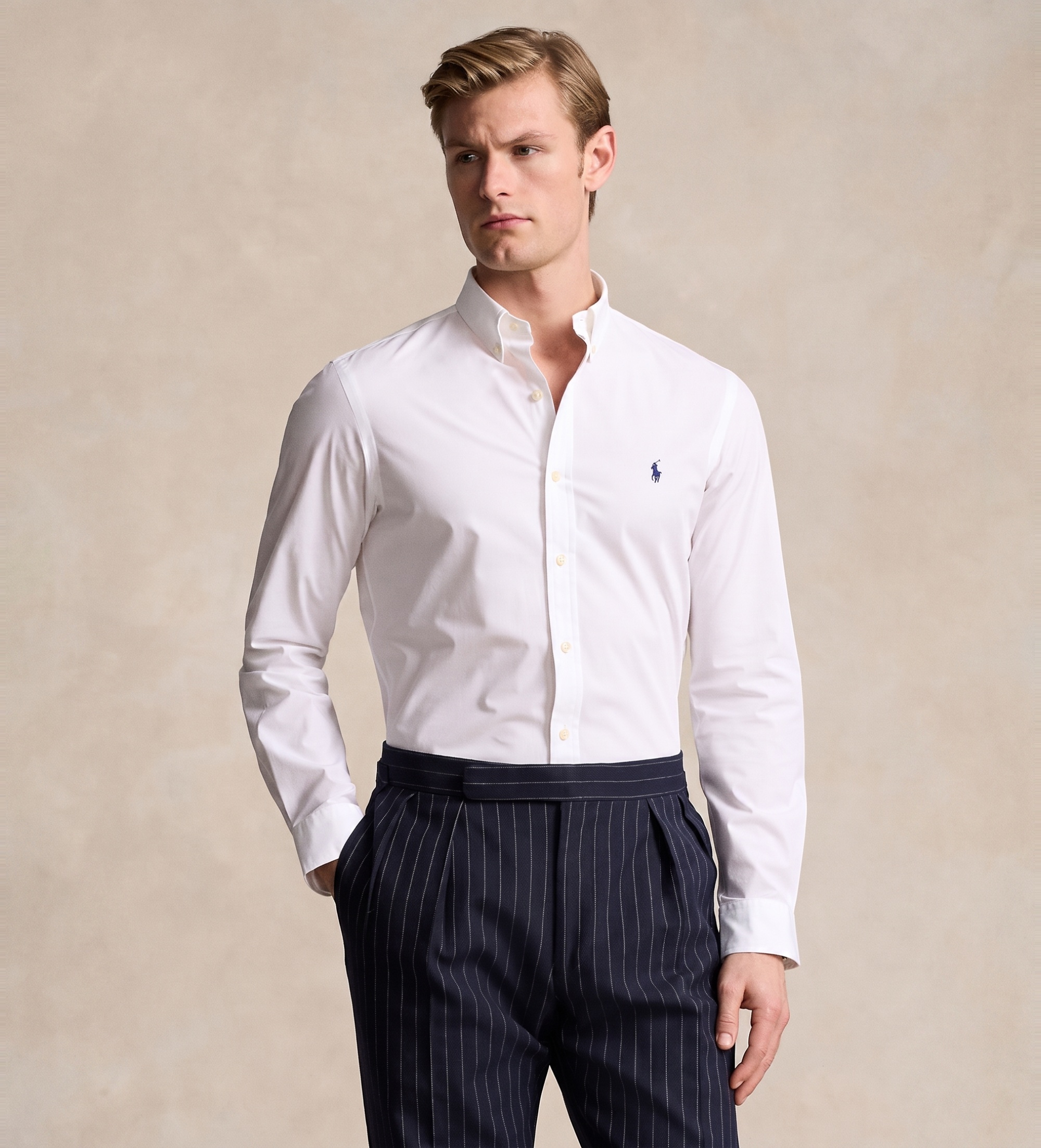 Polo Ralph Lauren für Herren. 710928254002 Stretch-Popeline-Popelinehemd Slim Fit weiß (S), Lässig, Baumwolle, Langarm