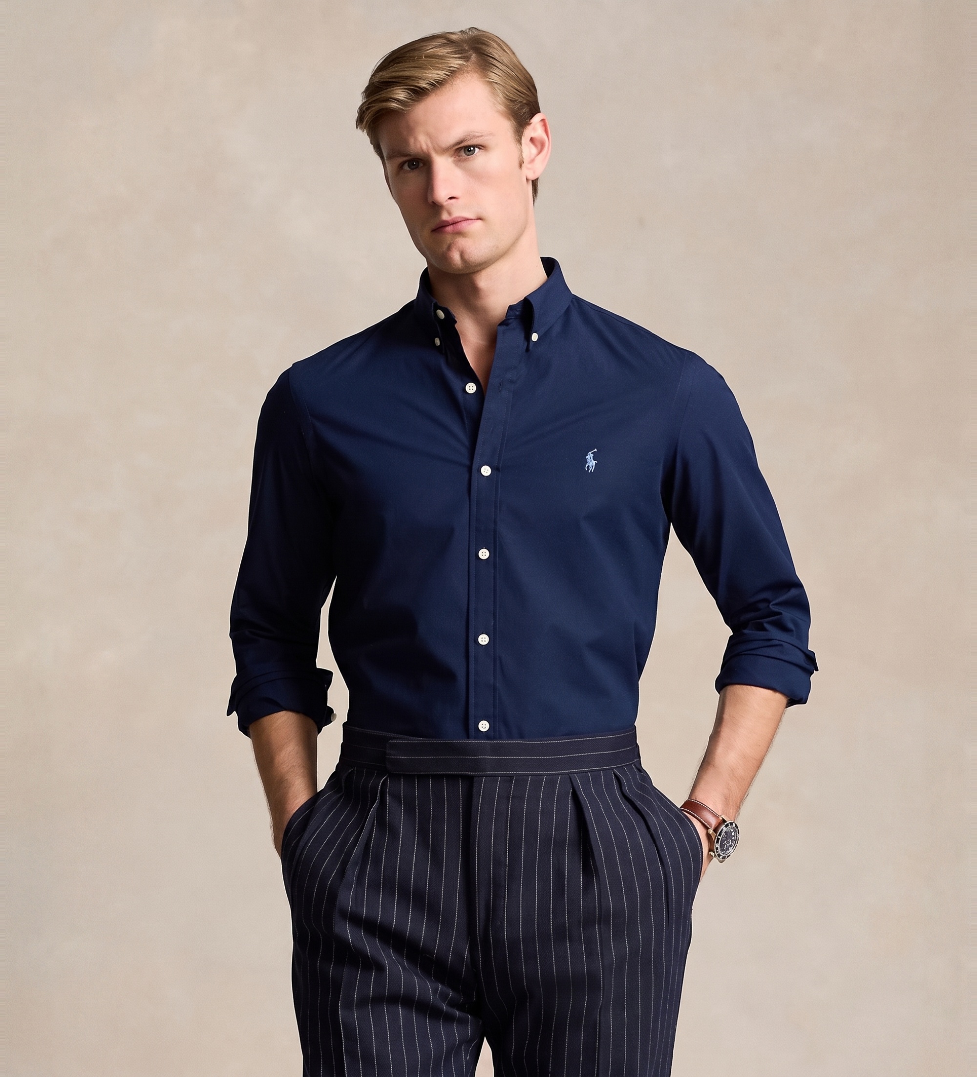 Polo Ralph Lauren für Herren. 710928254001 Schmal geschnittenes navyfarbenes Hemd aus Stretch-Popeline (XL), Lässig, Baumwolle, Langarm, Mar
