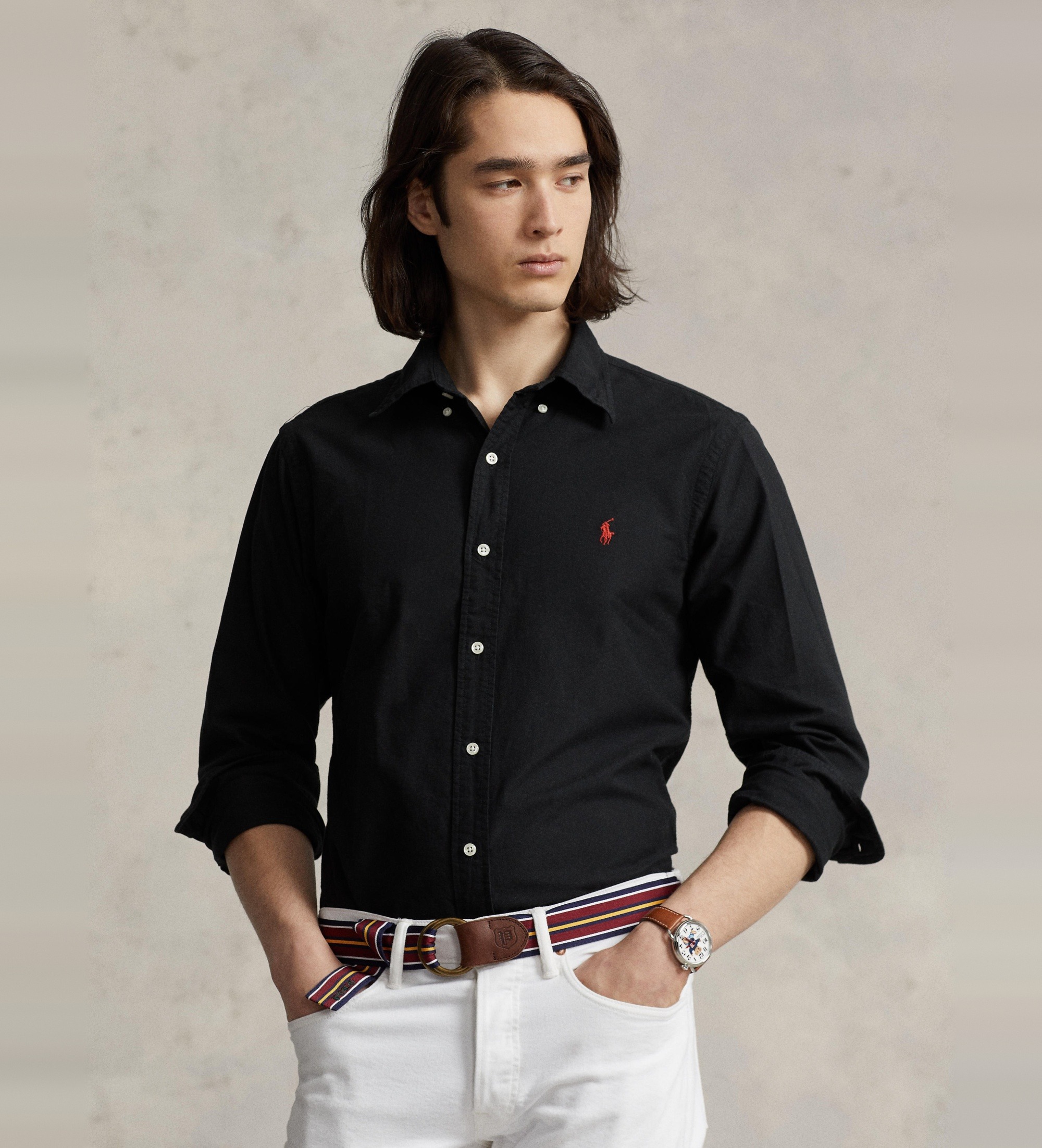 Polo Ralph Lauren für Herren. 710772290001 Oxford Custom Fit Hemd schwarz (M), Lässig, Baumwolle, Langarm