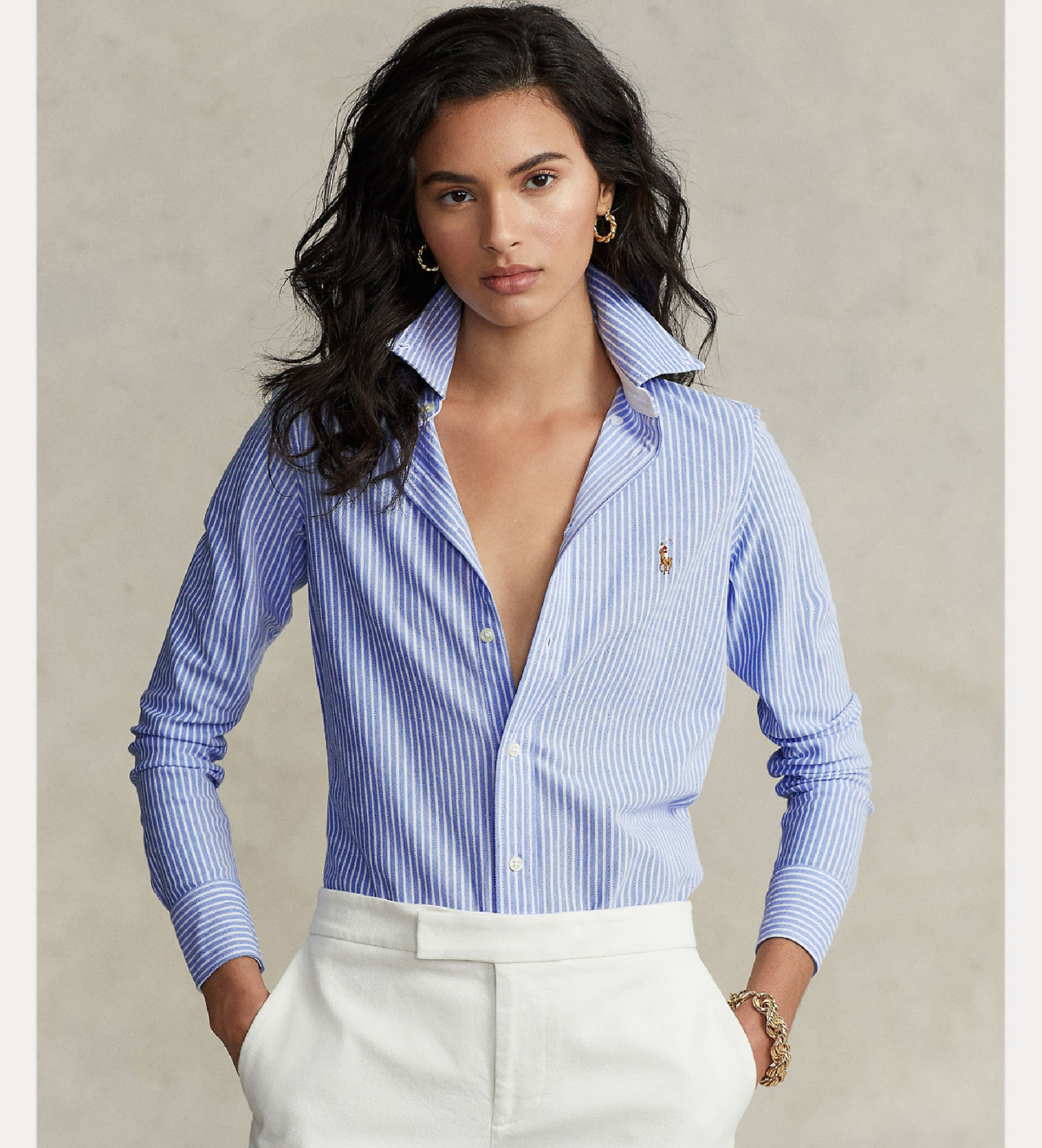 Polo Ralph Lauren für Damen. 211664416002 Oxford-Strickhemd mit blauen Streifen (L), Lässig, Baumwolle, Langarm