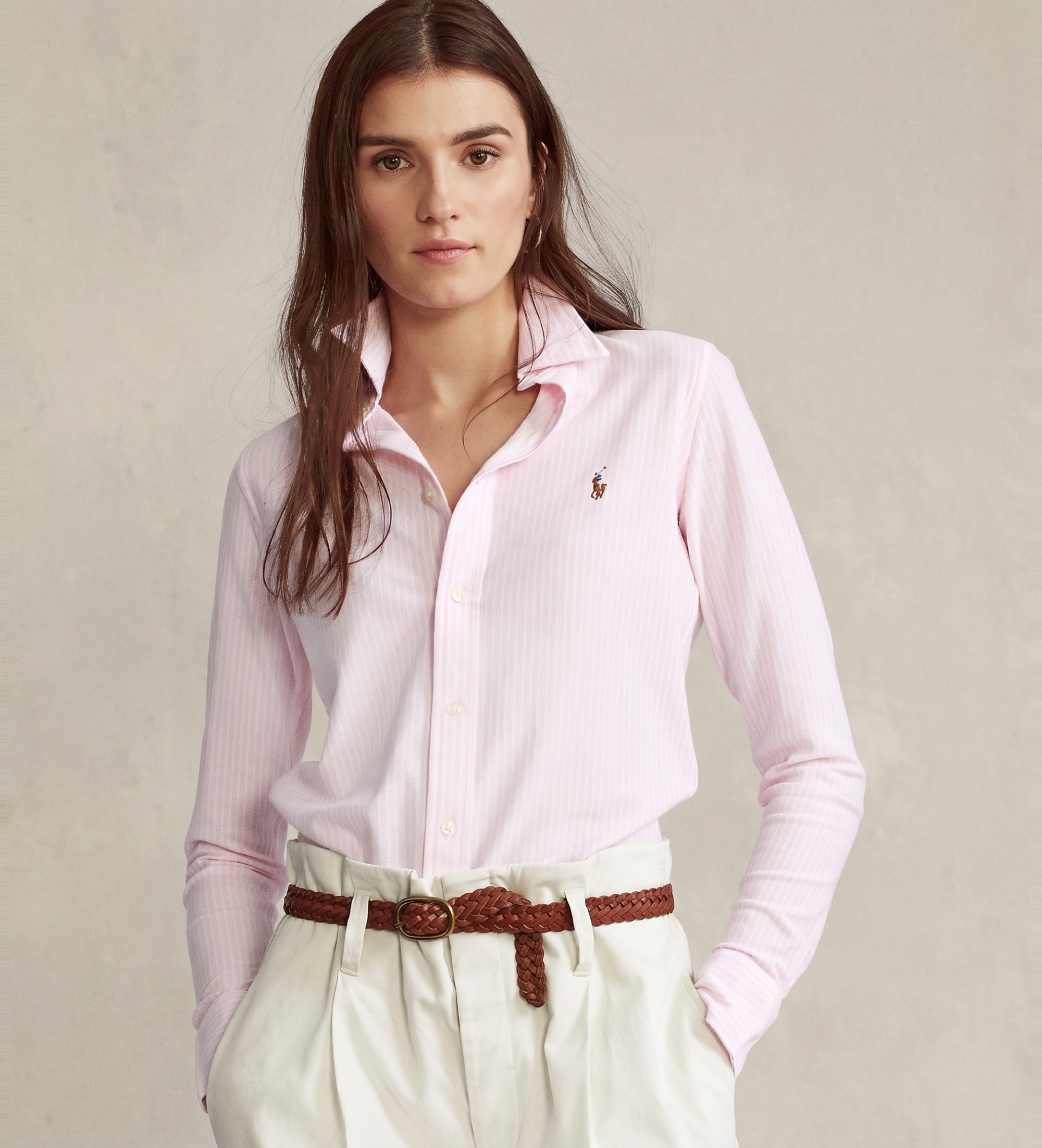 Polo Ralph Lauren für Damen. 211664416001 Rosa gestreiftes Oxford-Strickhemd (M), Lässig, Baumwolle, Langarm