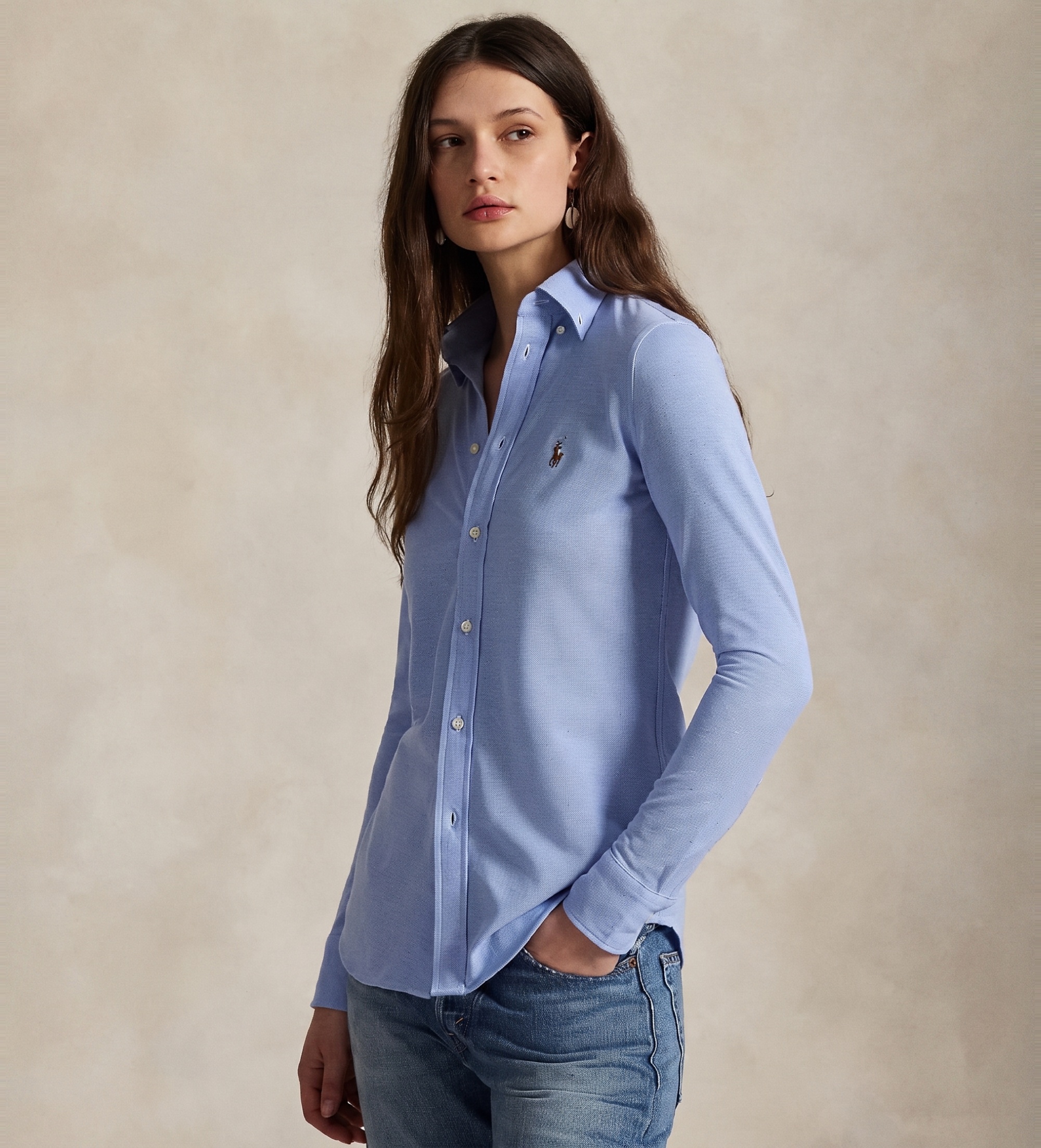Polo Ralph Lauren für Damen. 211664427001 Schmal geschnittenes Oxford-Hemd aus blauem Baumwoll-Strickjersey (S), Lässig, Baumwolle, Langarm