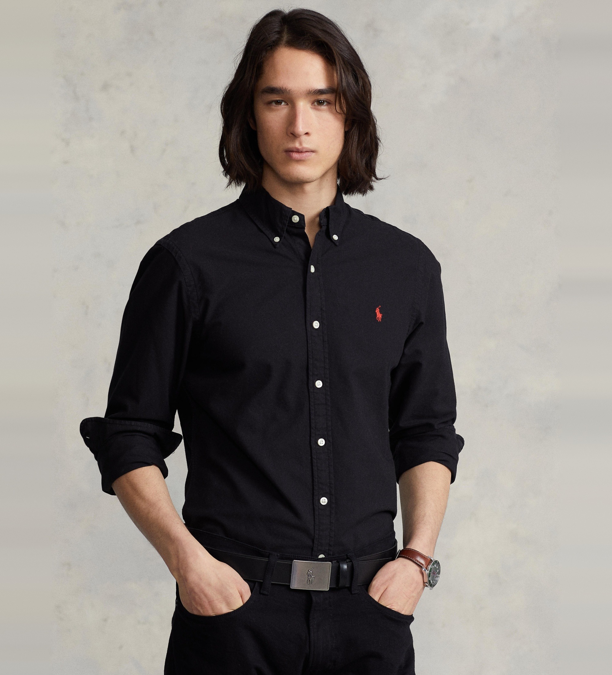 Polo Ralph Lauren für Herren. 710772288001 Schmal geschnittenes, durchgefärbtes schwarzes Oxford-Hemd (L), Lässig, Baumwolle, Langarm
