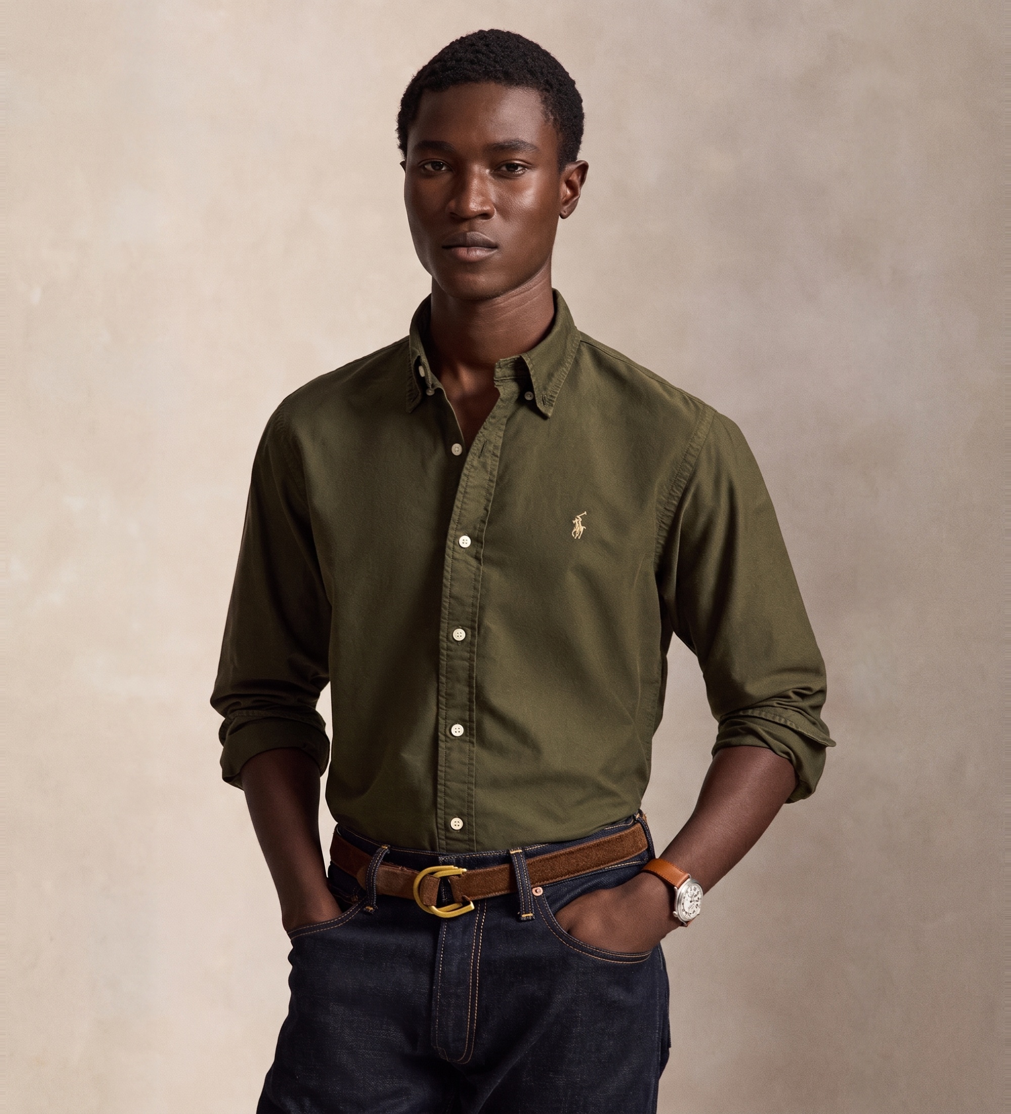 Polo Ralph Lauren für Herren. 710805564520 Grün gefärbtes Custom Fit Oxfordhemd (M), Lässig, Baumwolle, Langarm