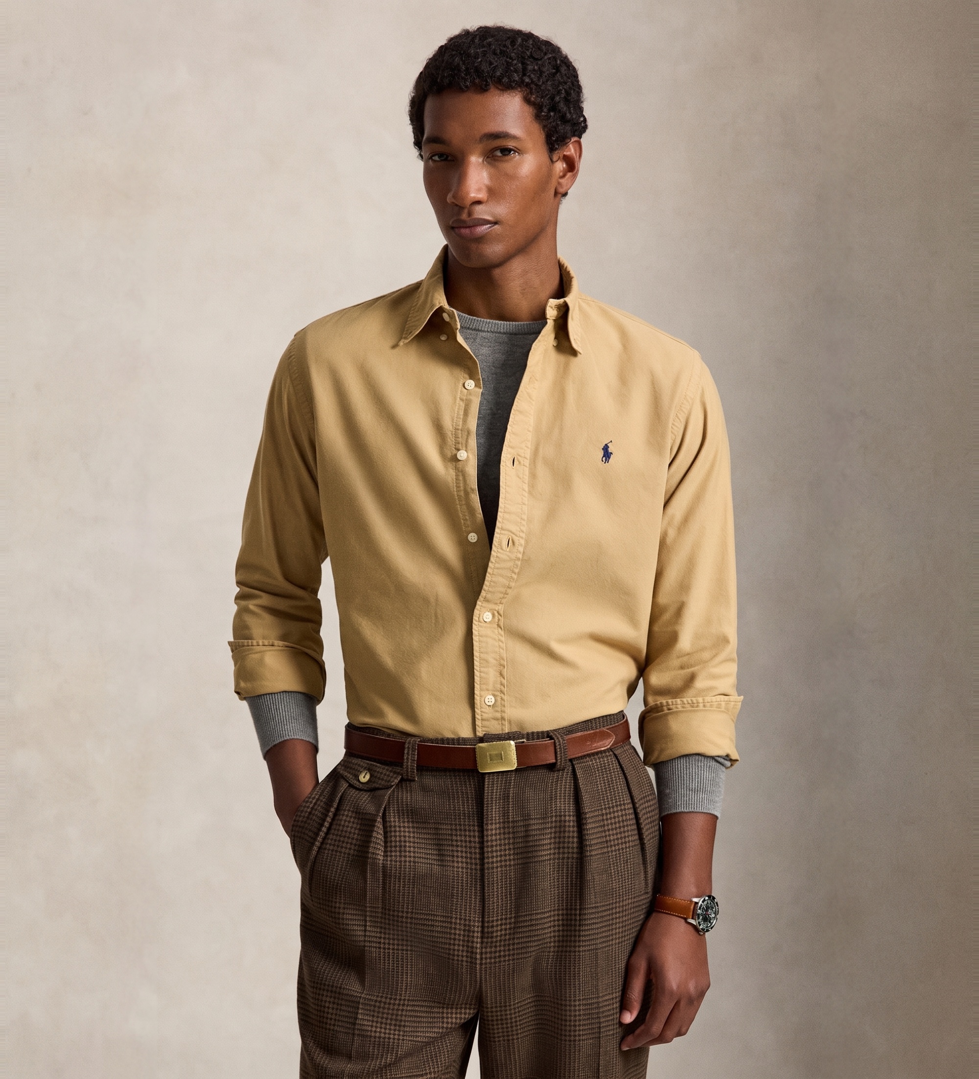 Polo Ralph Lauren für Herren. 710805564525 Beige gefärbtes Oxfordhemd Custom Fit (M), Lässig, Baumwolle, Langarm