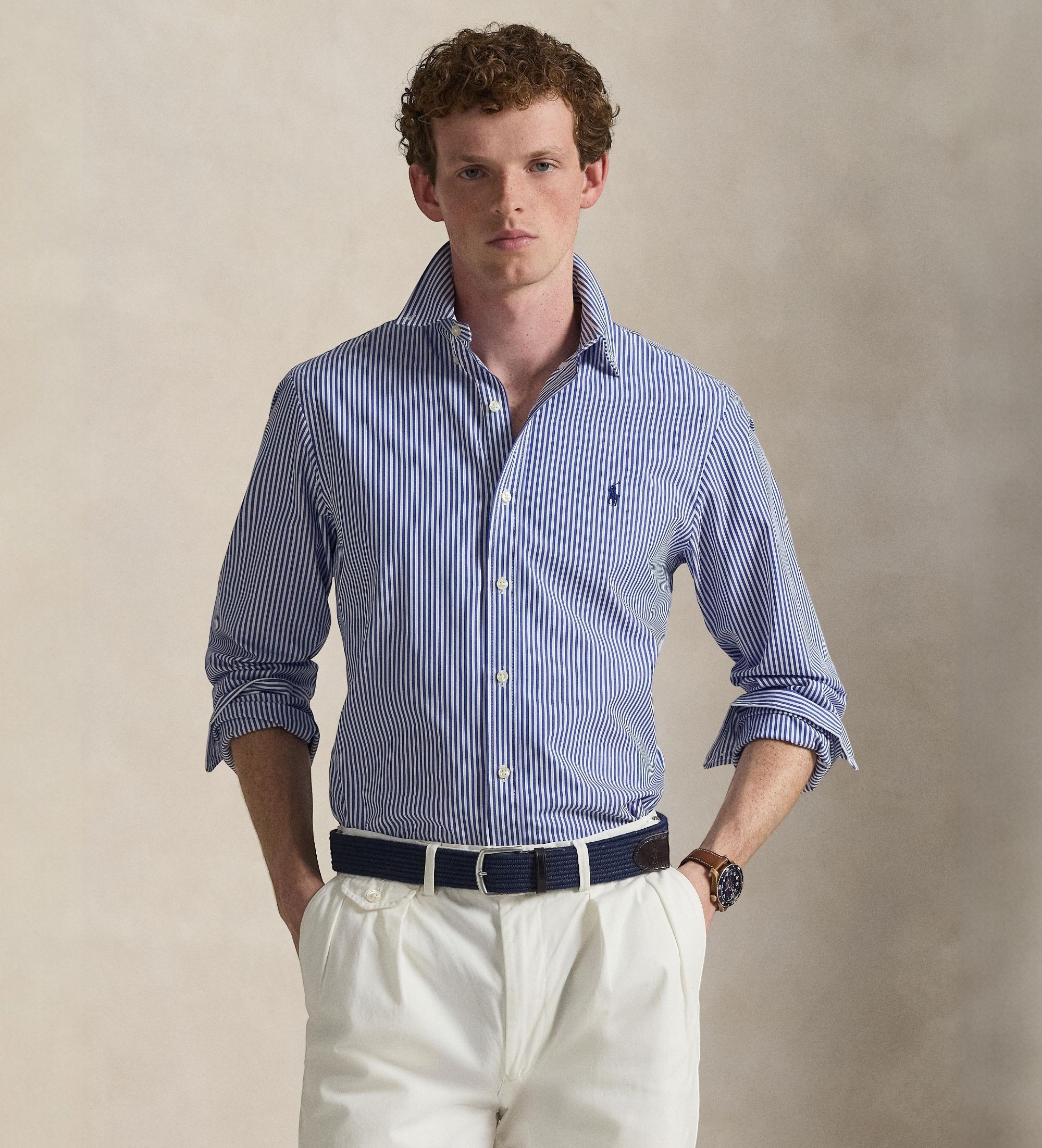 Polo Ralph Lauren für Herren. 710928254008 Schmal geschnittenes blaues Stretch-Popeline-Hemd (M), Lässig, Baumwolle, Klassisch, Langarm