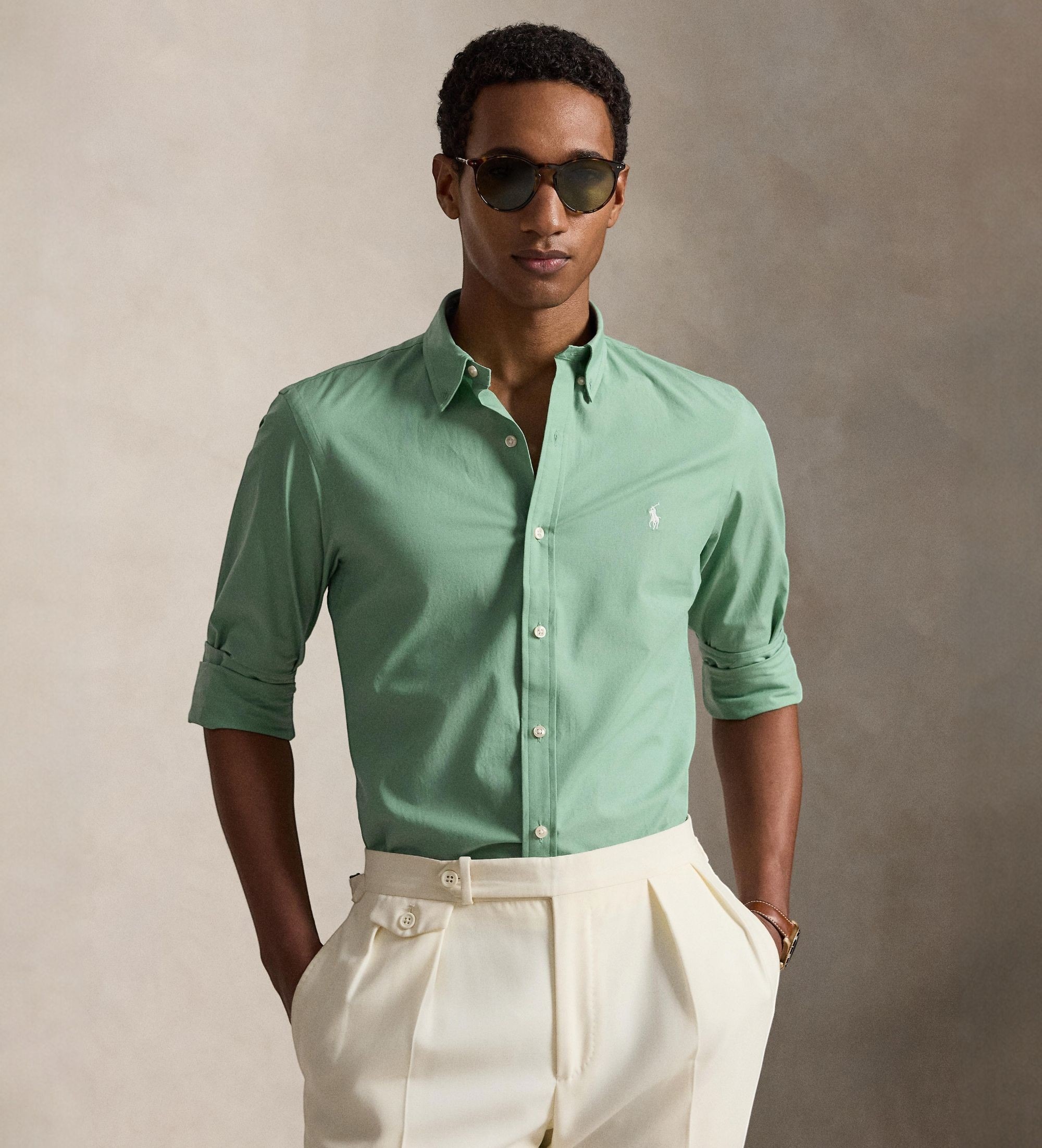 Polo Ralph Lauren für Herren. 710929348500 Slim Fit Hemd aus elastischem Popeline grün (L), Lässig, Baumwolle, Langarm
