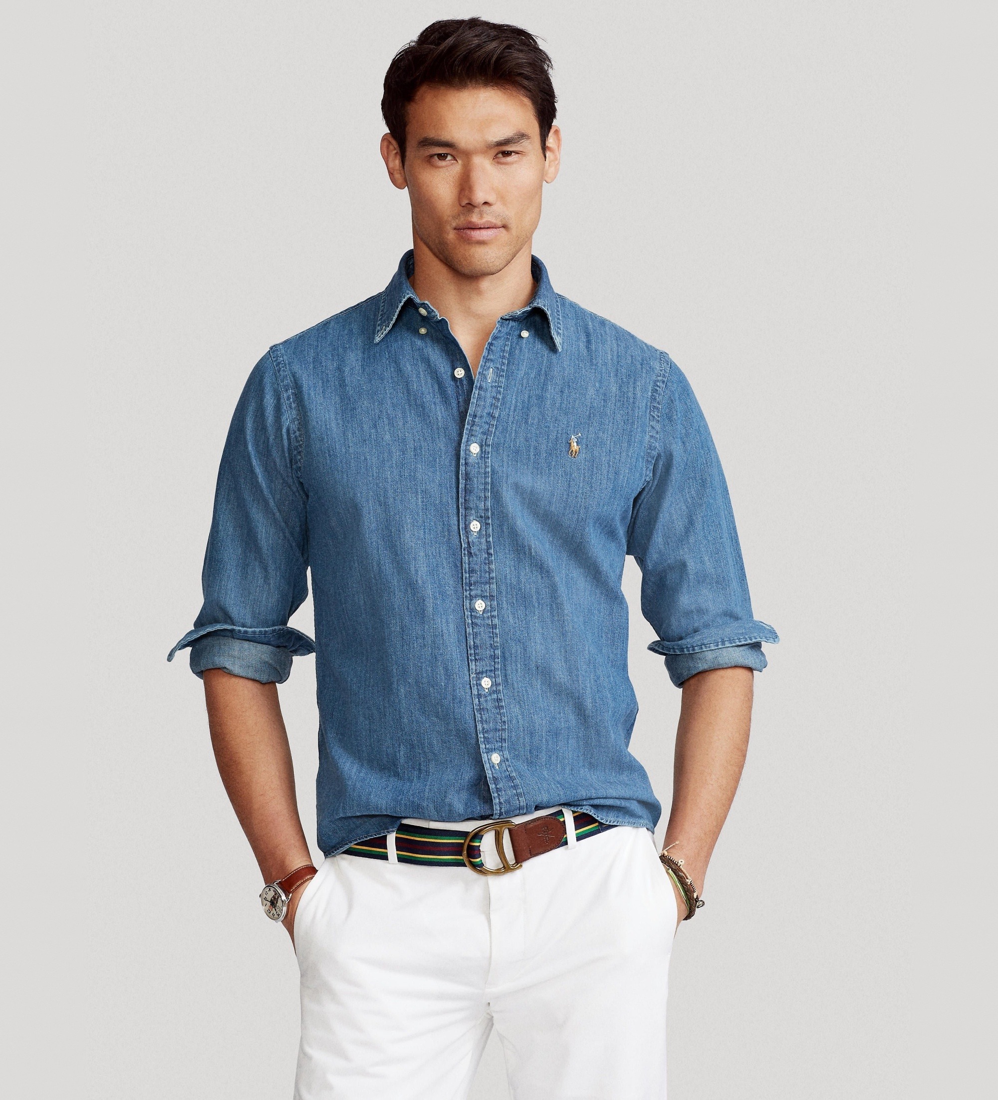 Polo Ralph Lauren für Herren. 710792043001 Custom Fit Denim Hemd blau (M), Lässig, Baumwolle, Langarm, Marine