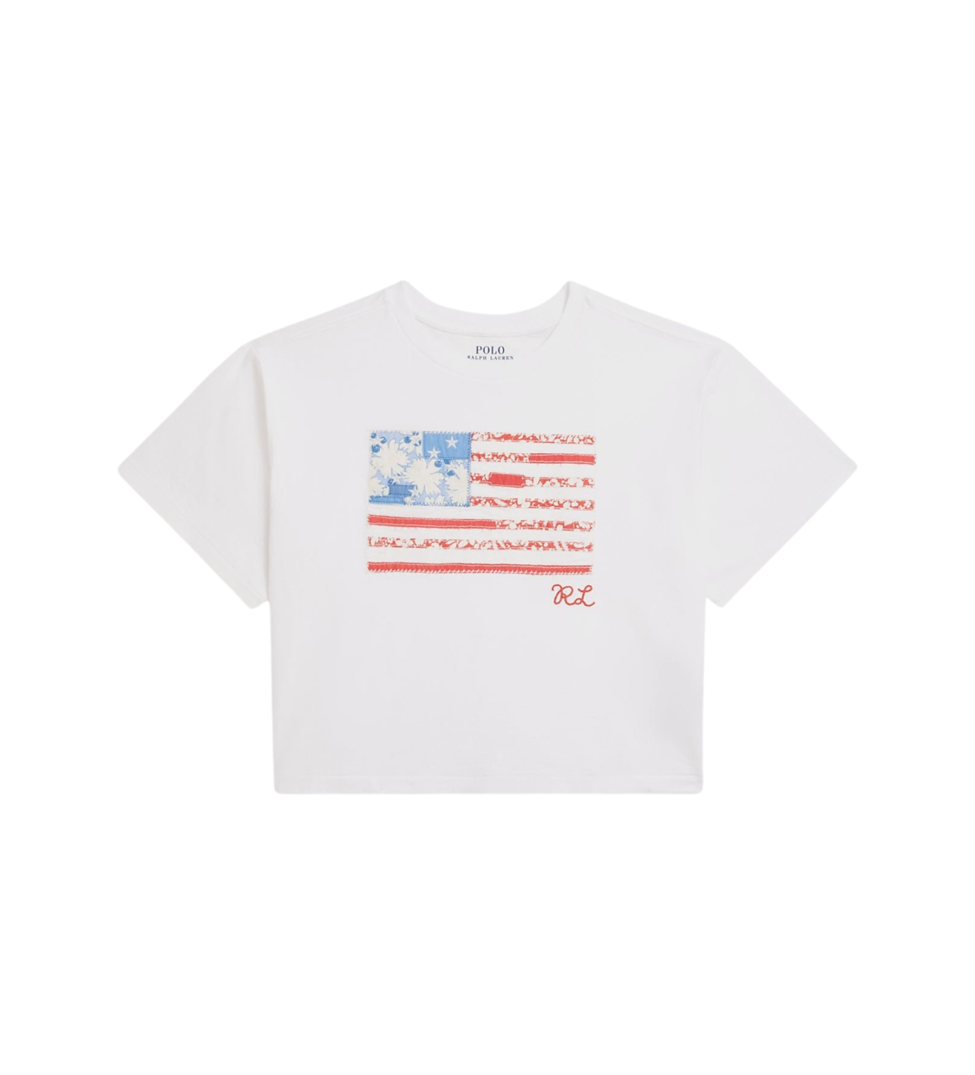 Polo Ralph Lauren für Mädchen. 313A11751001 Weißes Flaggen-T-Shirt ((S) 7años= 130/134cm), Lässig, Baumwolle, Kurzarm, Kinderbekleidung