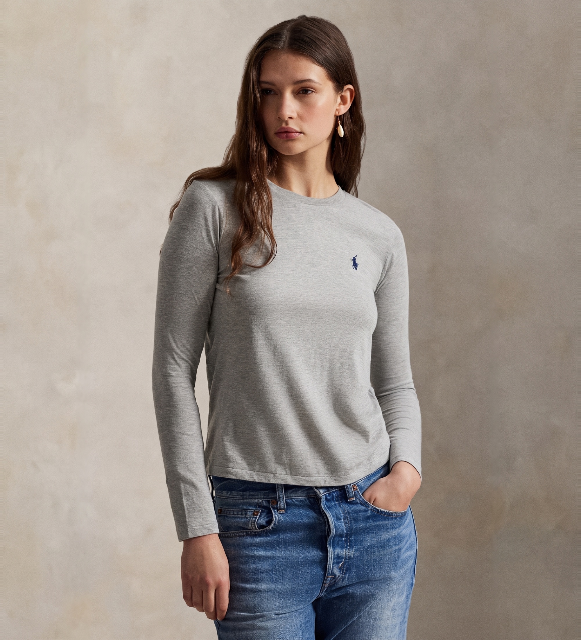 Polo Ralph Lauren für Damen. 211B14604003 Classic Fit T-Shirt aus grauem Baumwolljersey (S), Lässig, Baumwolle, Langarm