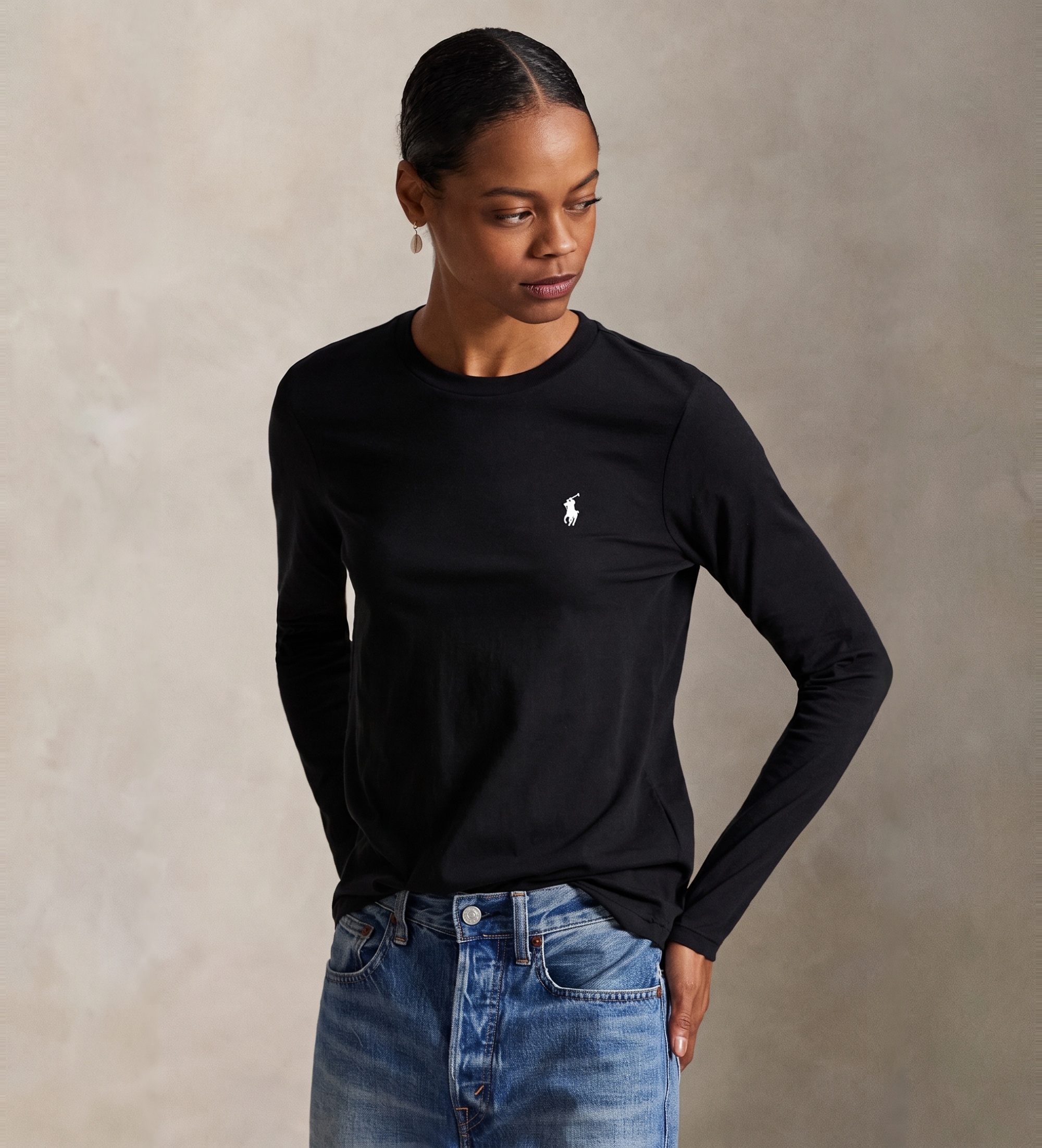 Polo Ralph Lauren für Damen. 211B14604004 Classic Fit T-Shirt aus schwarzem Baumwollstrick (L), Lässig, Baumwolle, Langarm