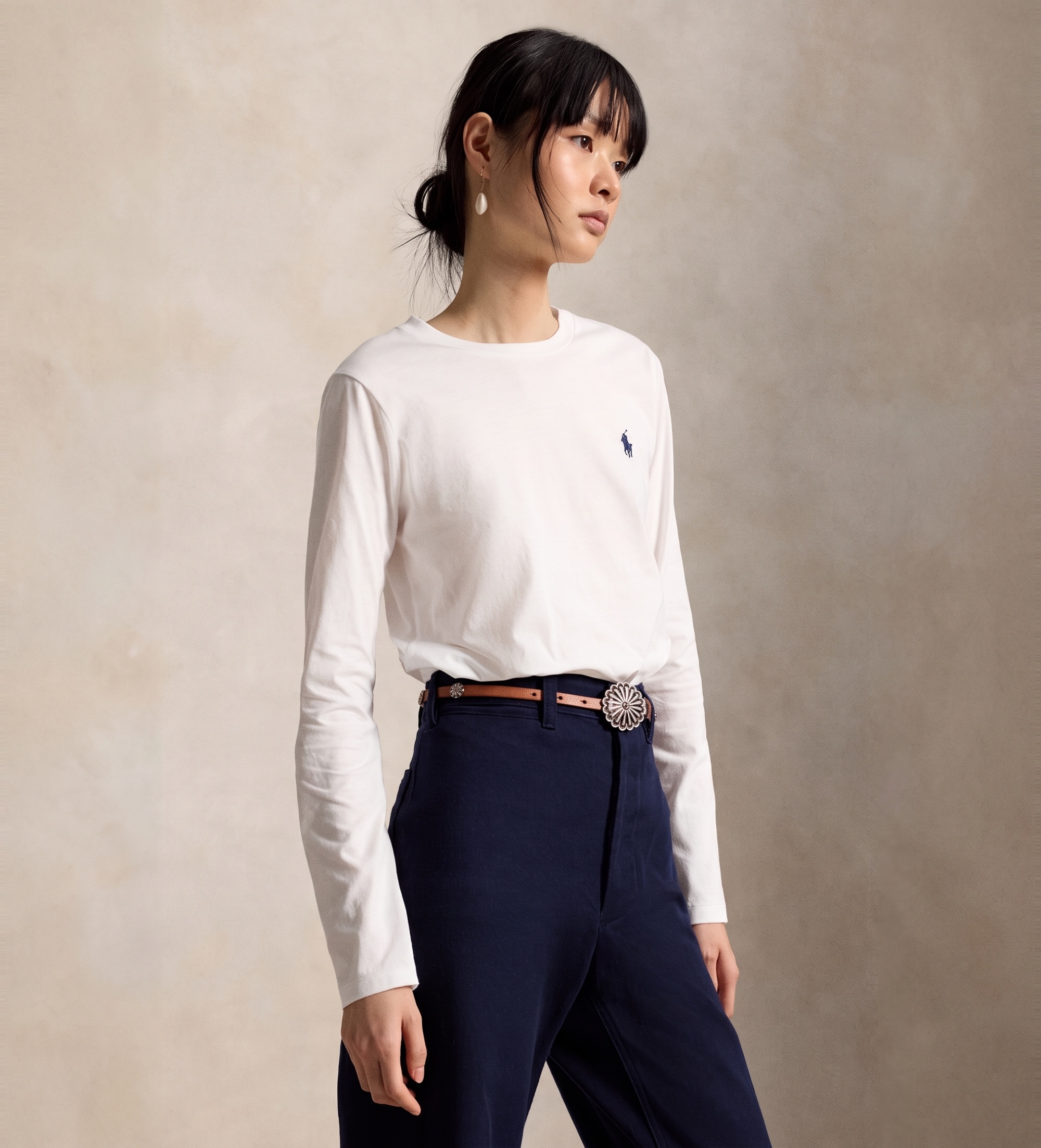 Polo Ralph Lauren für Damen. 211B14604006 Classic Fit T-Shirt aus weißem Baumwollstrick (M), Lässig, Baumwolle, Langarm