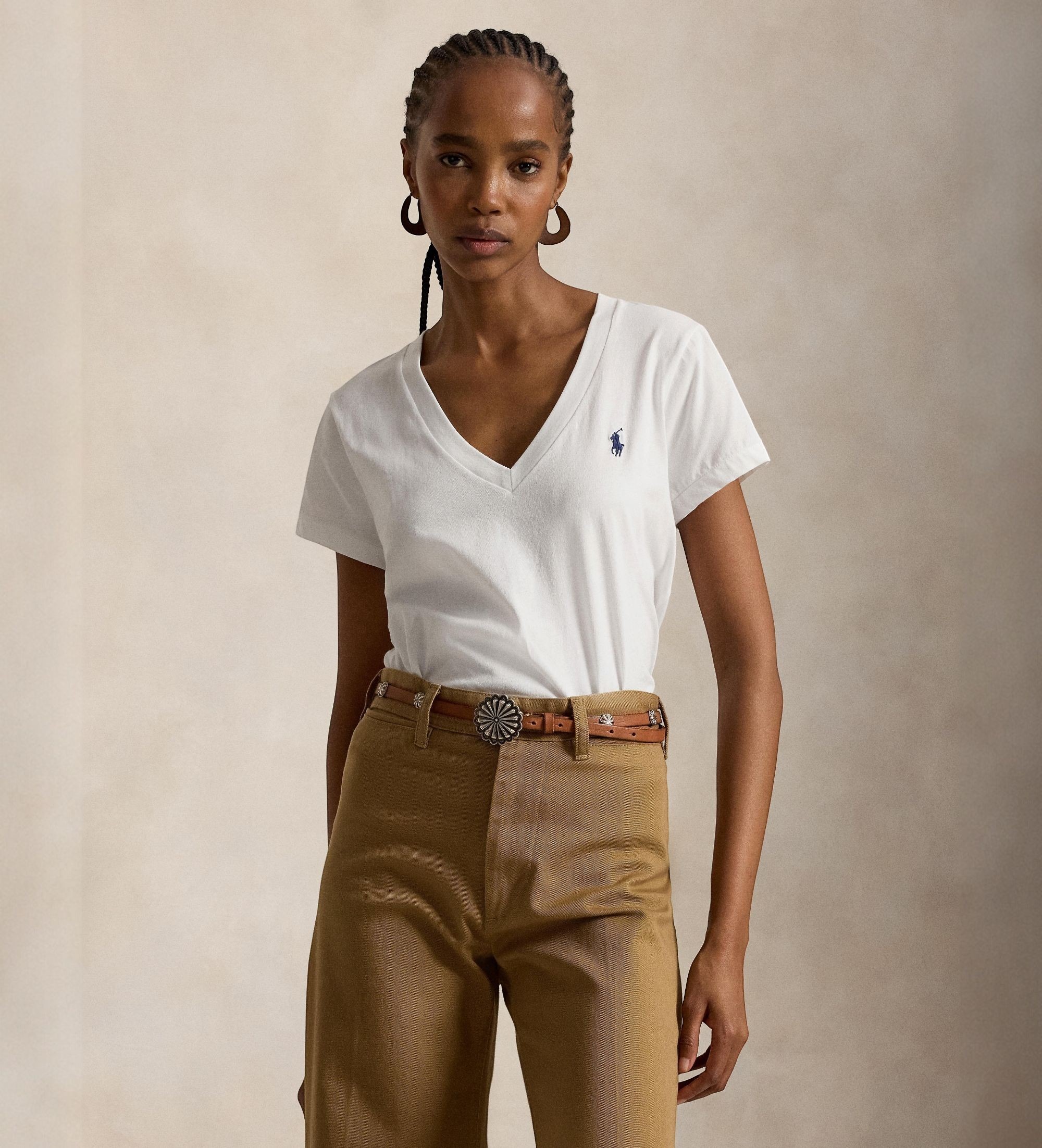 Polo Ralph Lauren für Damen. 211B14611007 Weißes T-Shirt mit V-Ausschnitt (S), Lässig, Baumwolle, Kurzarm