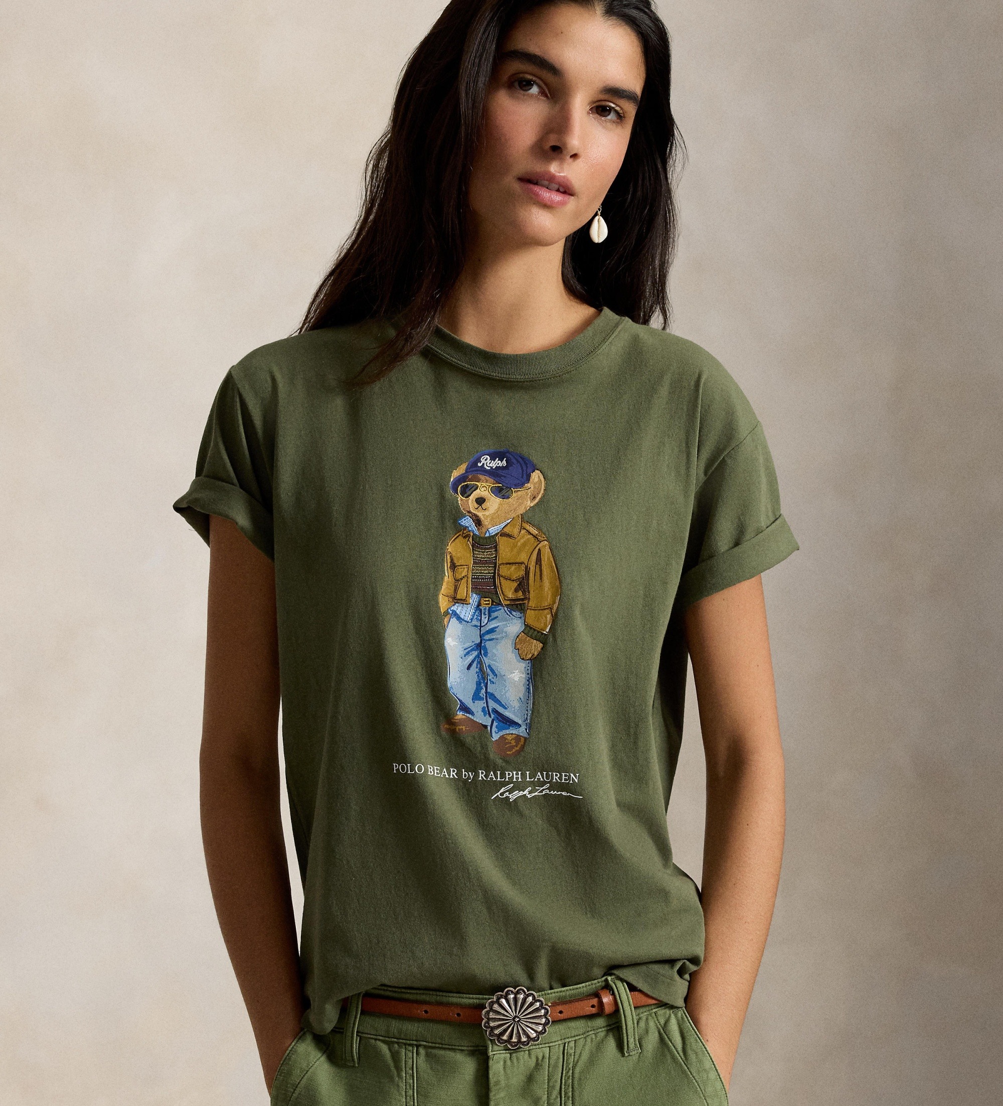 Polo Ralph Lauren für Damen. 211B17806001 Baumwoll-T-Shirt mit grünem Polo-Bär (S), Lässig, Baumwolle, Kurzarm