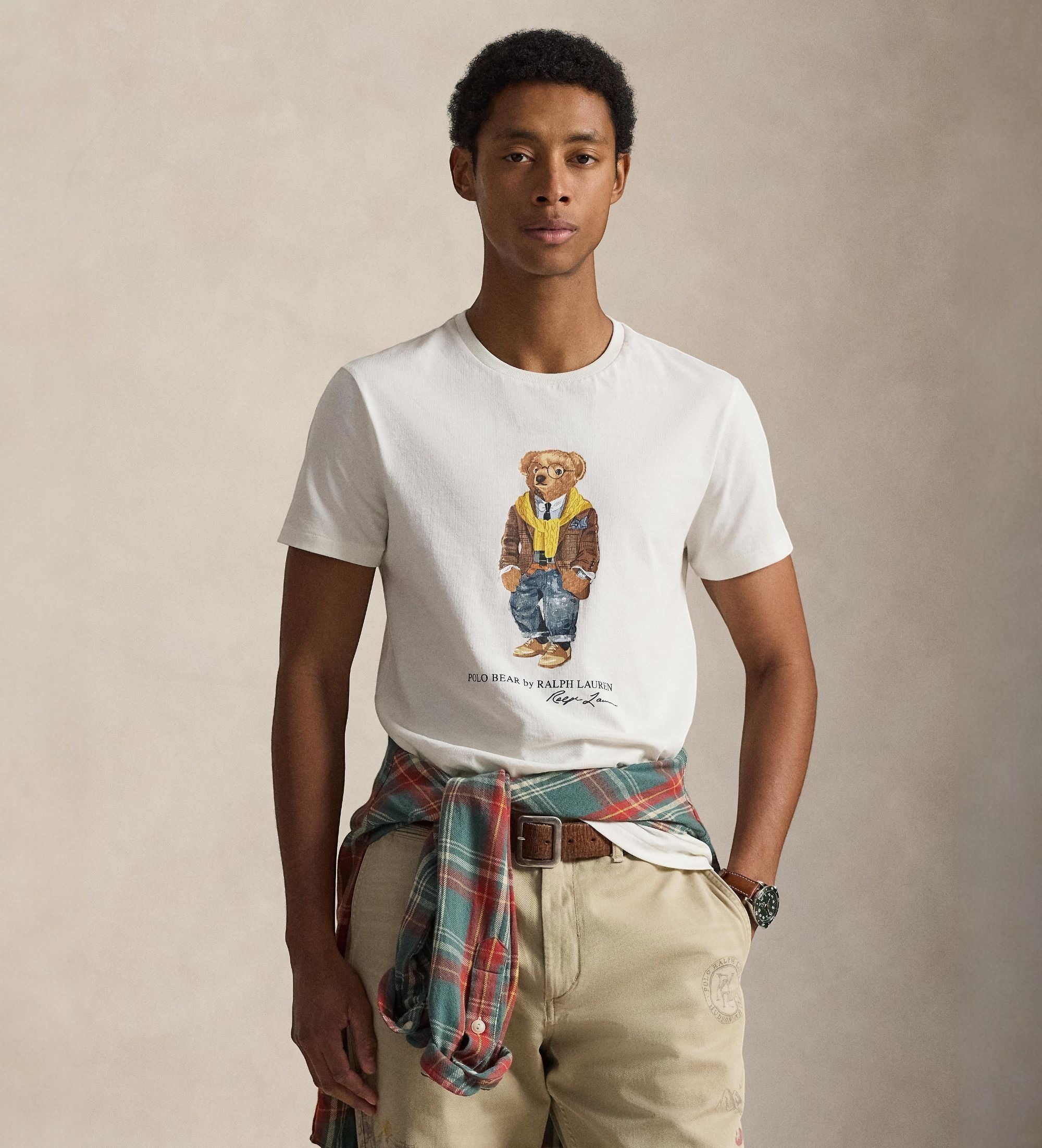 Polo Ralph Lauren für Herren. 710P07346001 Strick-T-Shirt mit weißem Polo-Bär (L), Lässig, Baumwolle, Kurzarm