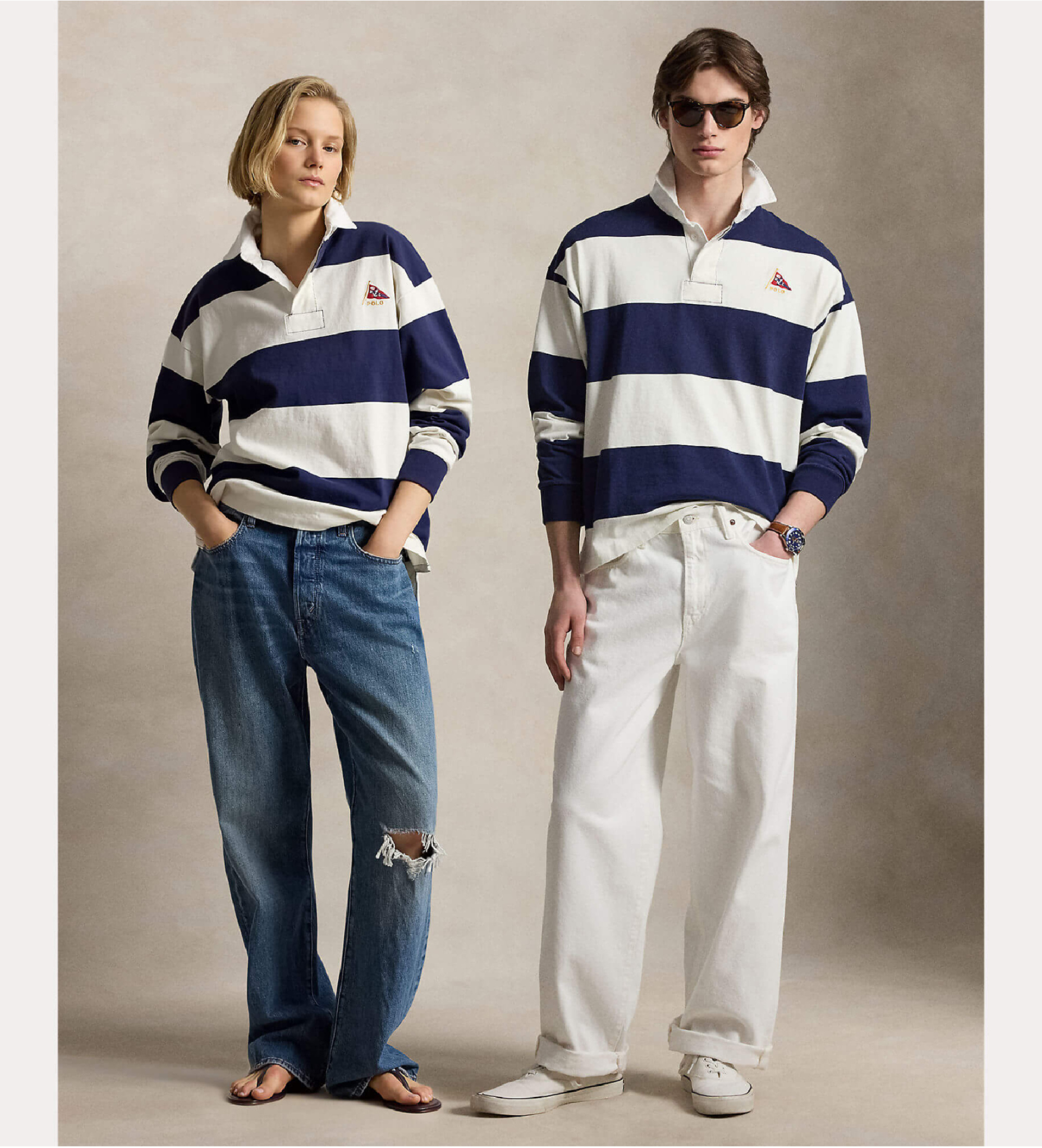 Polo Ralph Lauren Unisex. 710B19139003 Rugby-Shirt in Big Fit aus Strick in Marineblau, Weiß (L), Lässig, Baumwolle, Langarm