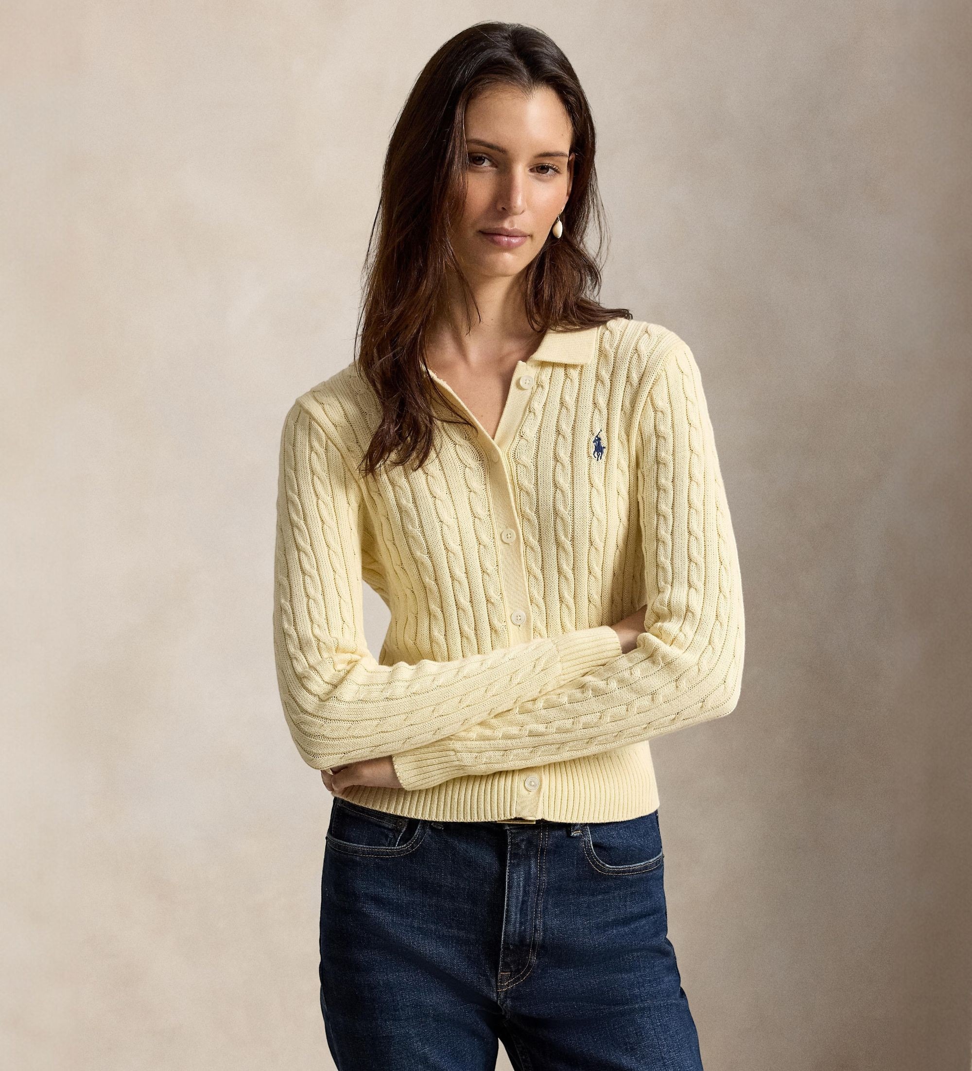 Polo Ralph Lauren für Damen. 211971881504 Beigefarbener Cardigan aus Baumwolle mit Zopfmuster (M), Lässig