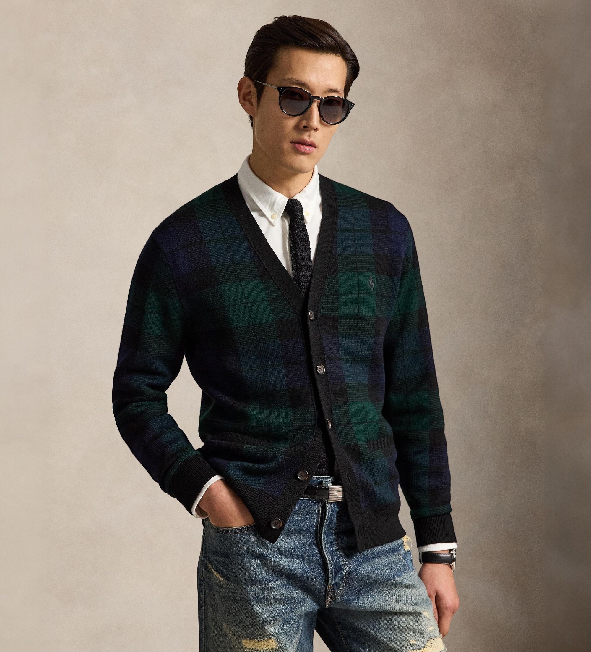 Polo Ralph Lauren für Herren. 710B23895001 Karierter Wollcardigan in Schwarz (M), Lässig, Wolle, Langarm