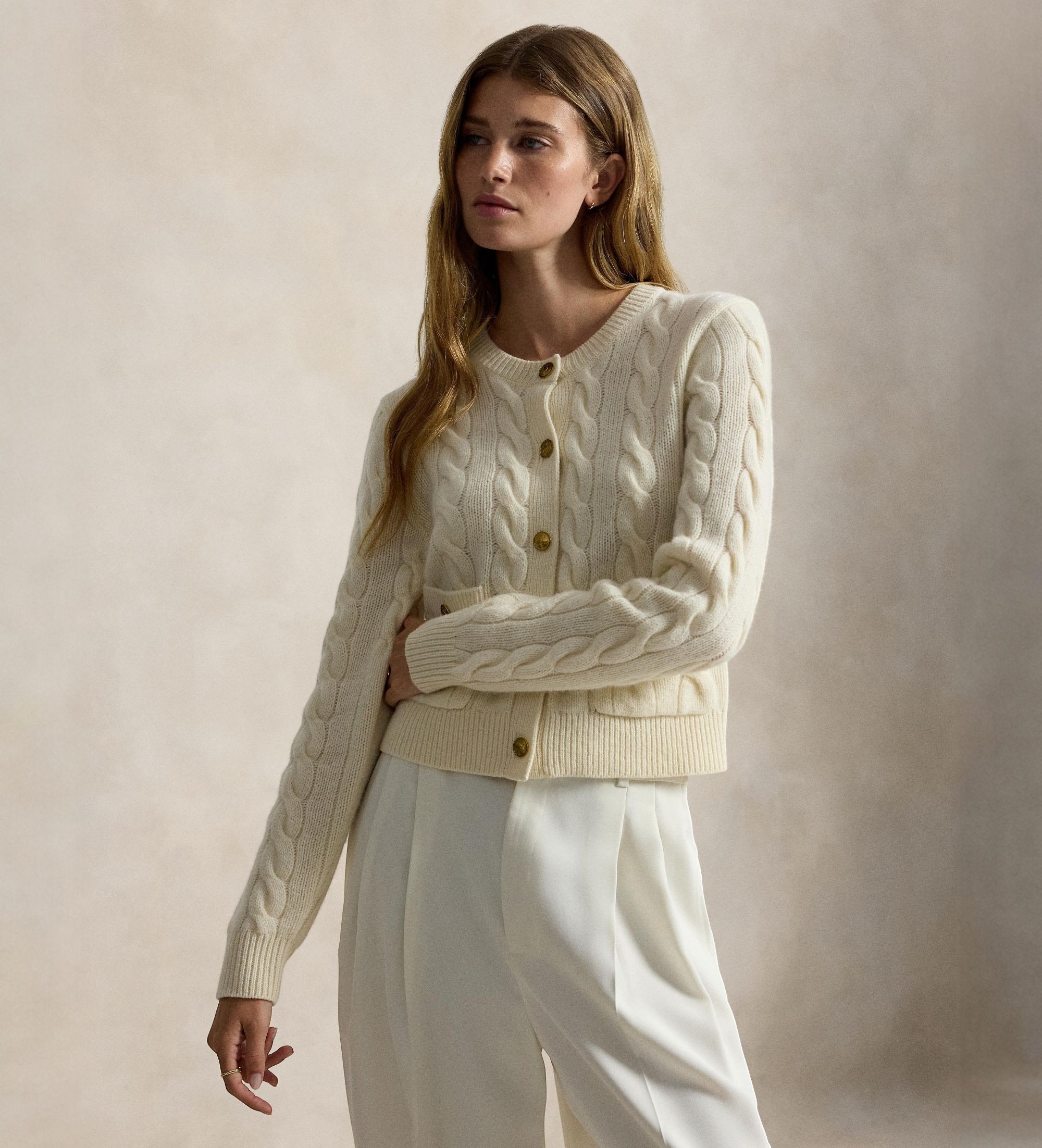 Polo Ralph Lauren für Damen. 211978312500 Geflochtene Strickjacke aus Wolle und Kaschmir beige (M), Lässig