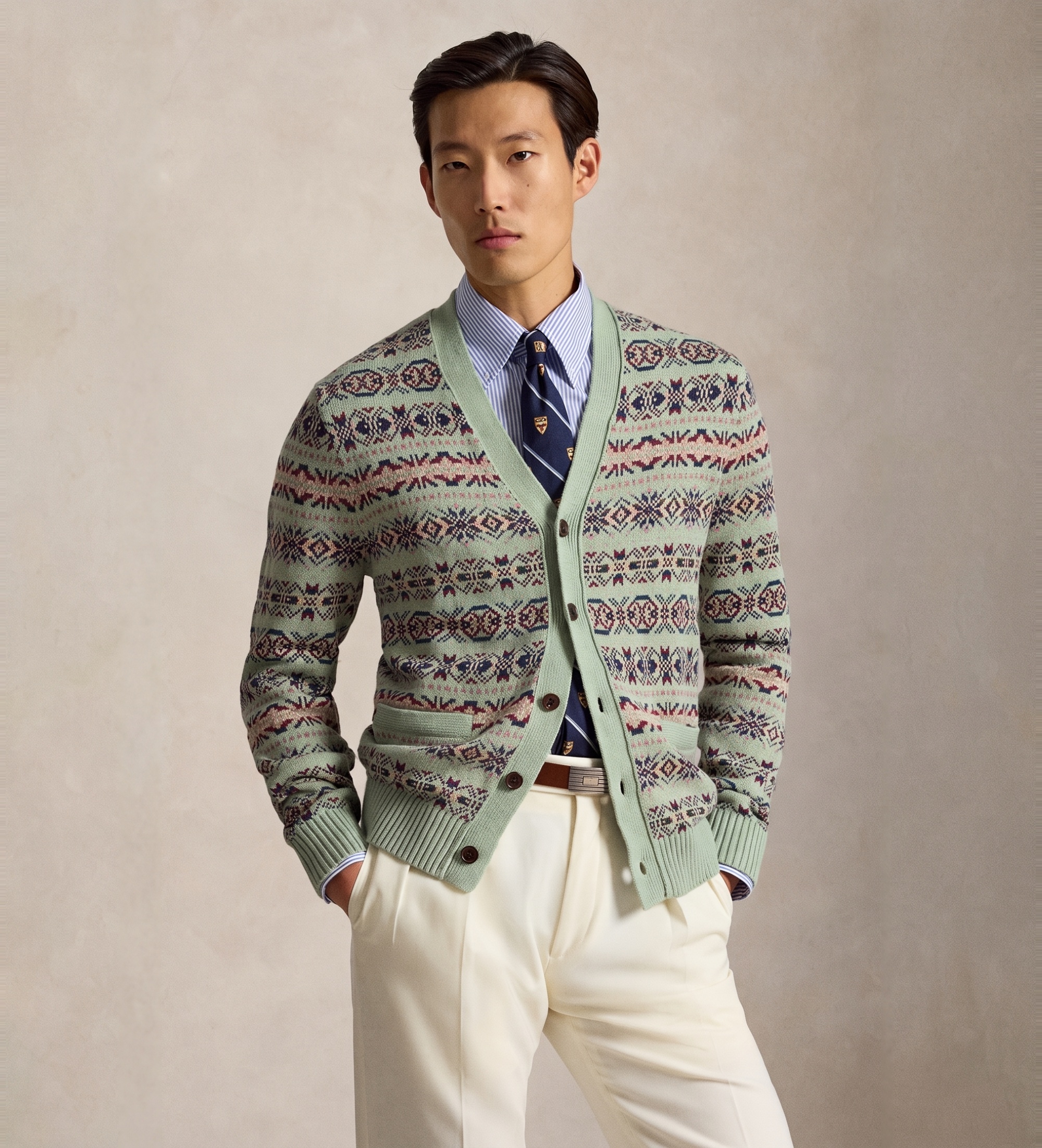 Polo Ralph Lauren für Herren. 710B17549001 Grüne Fair Isle Strickjacke aus Leinen und Baumwolle (M), Lässig