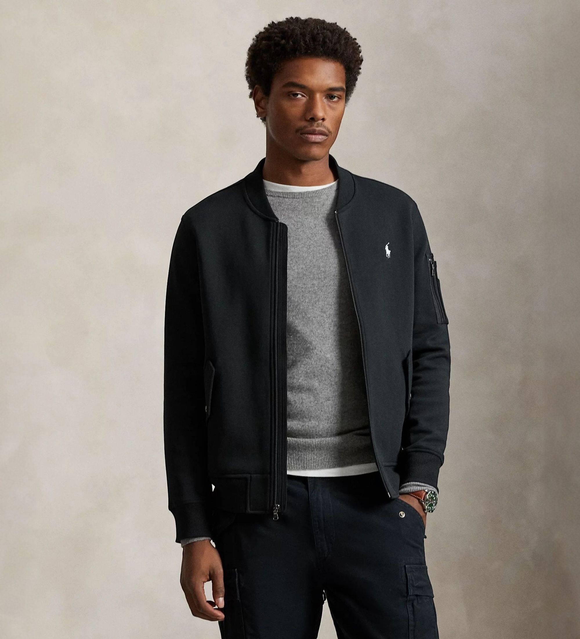 Polo Ralph Lauren für Herren. 710980339003 Schwarze Doppelstrick-Bomberjacke (L), Lässig, Baumwolle