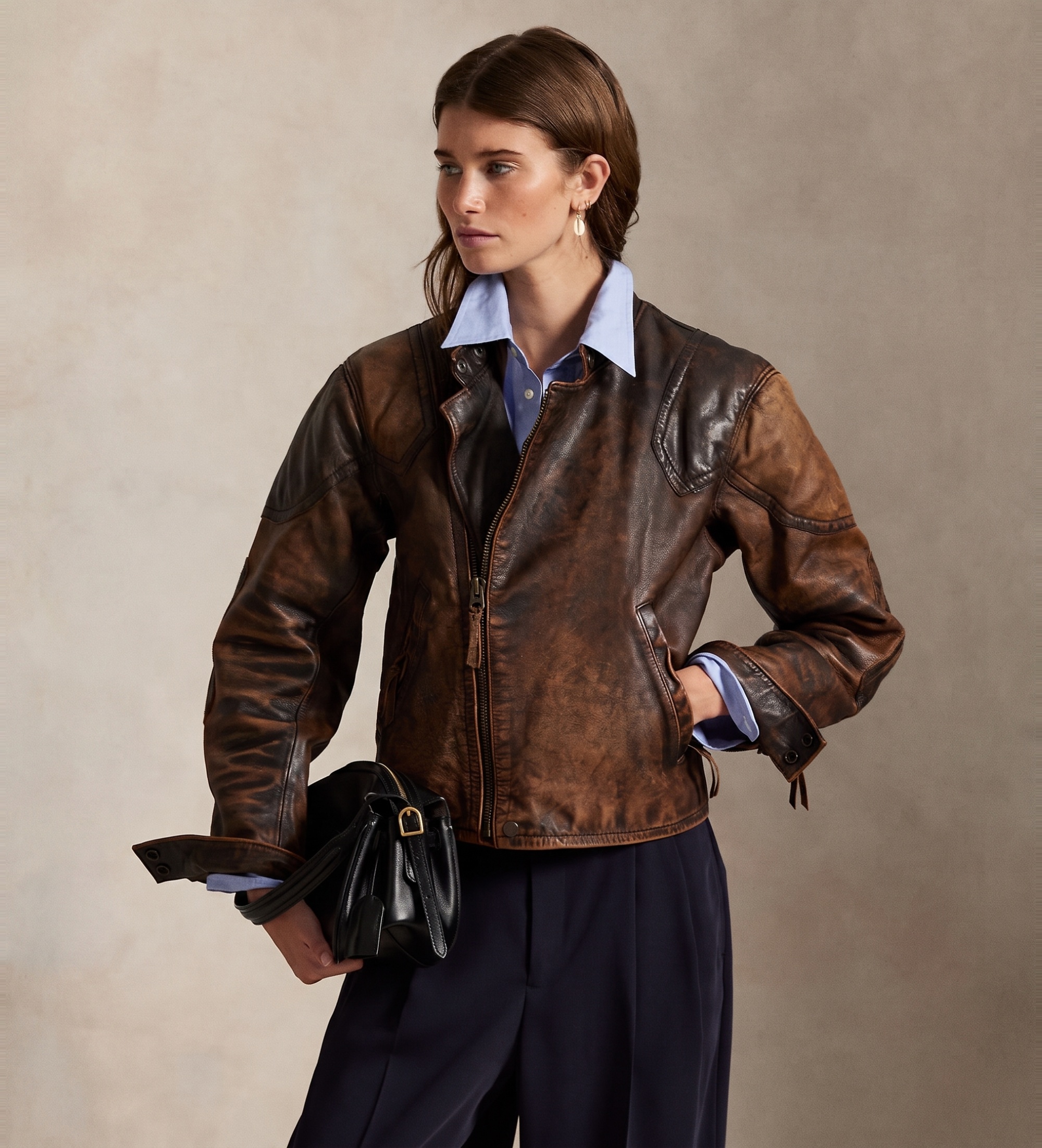 Polo Ralph Lauren für Damen. 211971006001 Braune Crackled-Lederjacke (M), Lässig