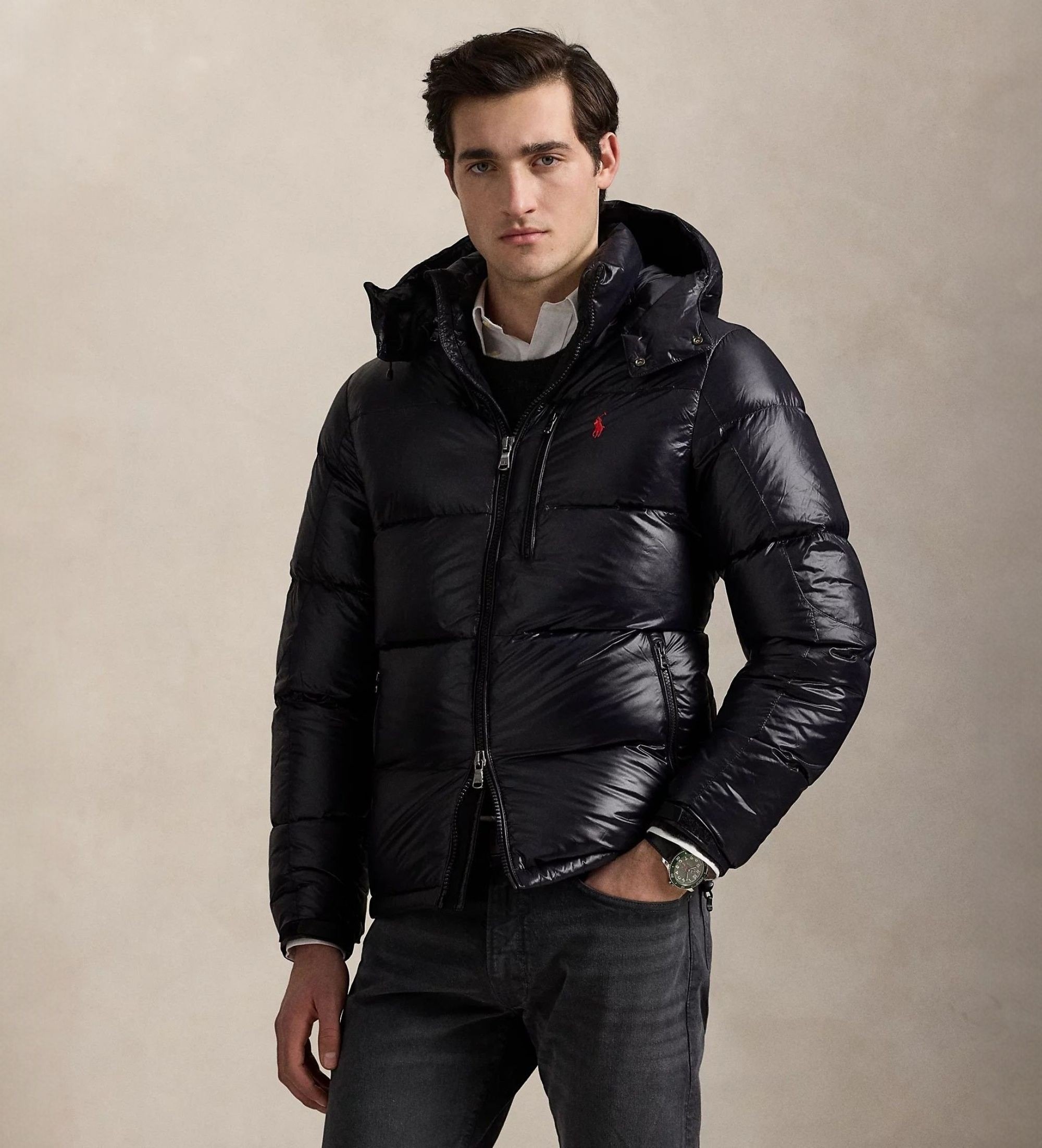 Polo Ralph Lauren für Herren. 710968281001 Gorham glänzende Daunenjacke in Dunkelmarine (S), Lässig, Nachhaltig, Recyceltes Nylon