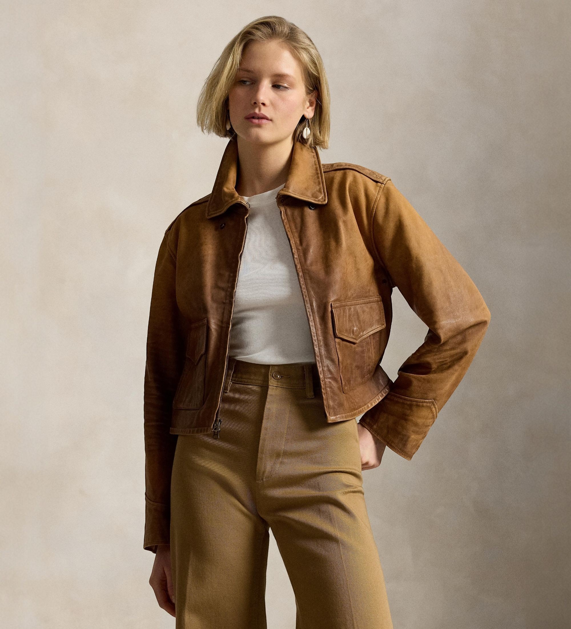 Polo Ralph Lauren für Damen. 211A93145001 Braune kurze Lederjacke (S), Lässig