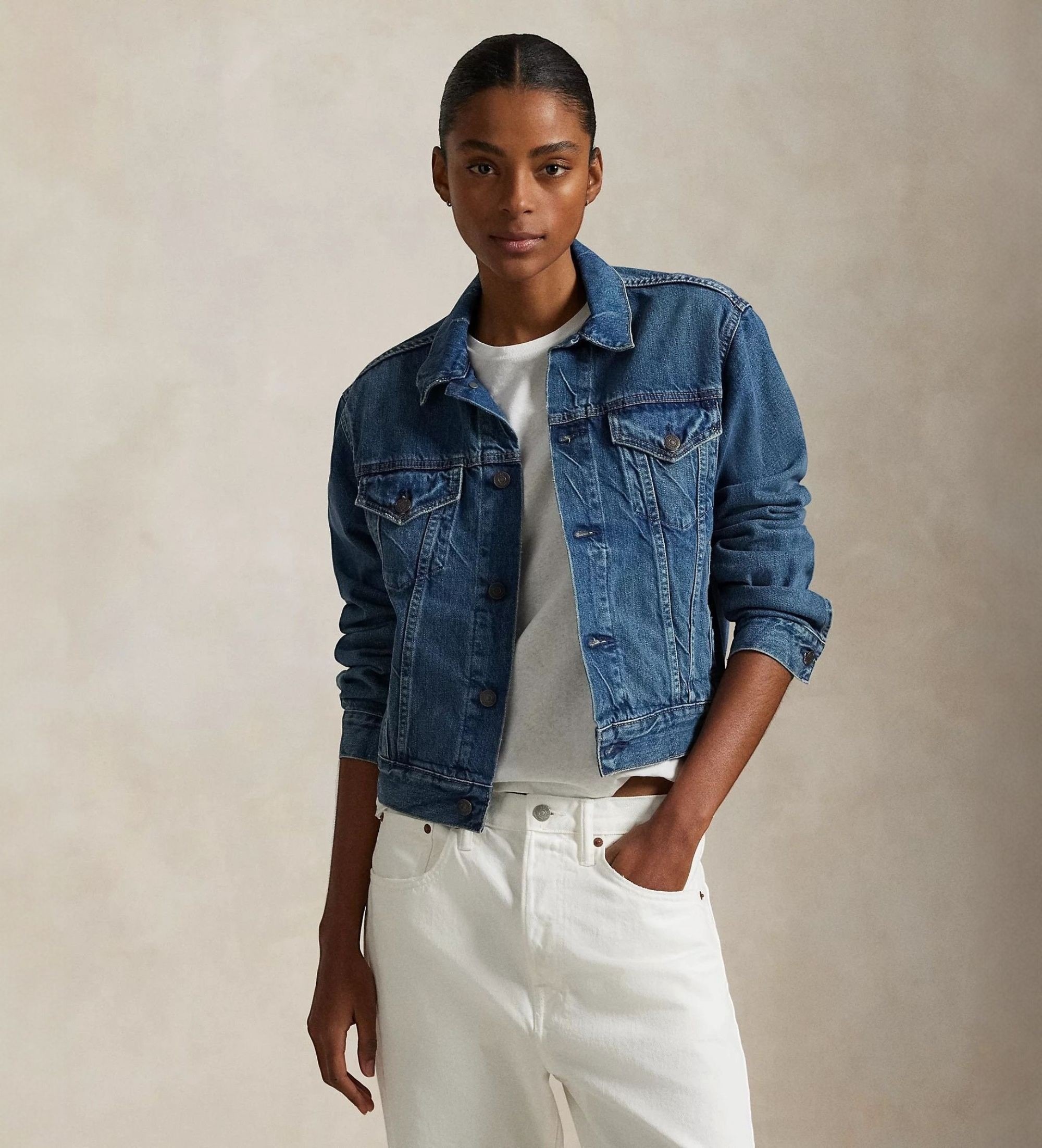 Polo Ralph Lauren für Damen. 211969408001 Trucker-Jacke aus blauem Denim (L), Lässig, Baumwolle