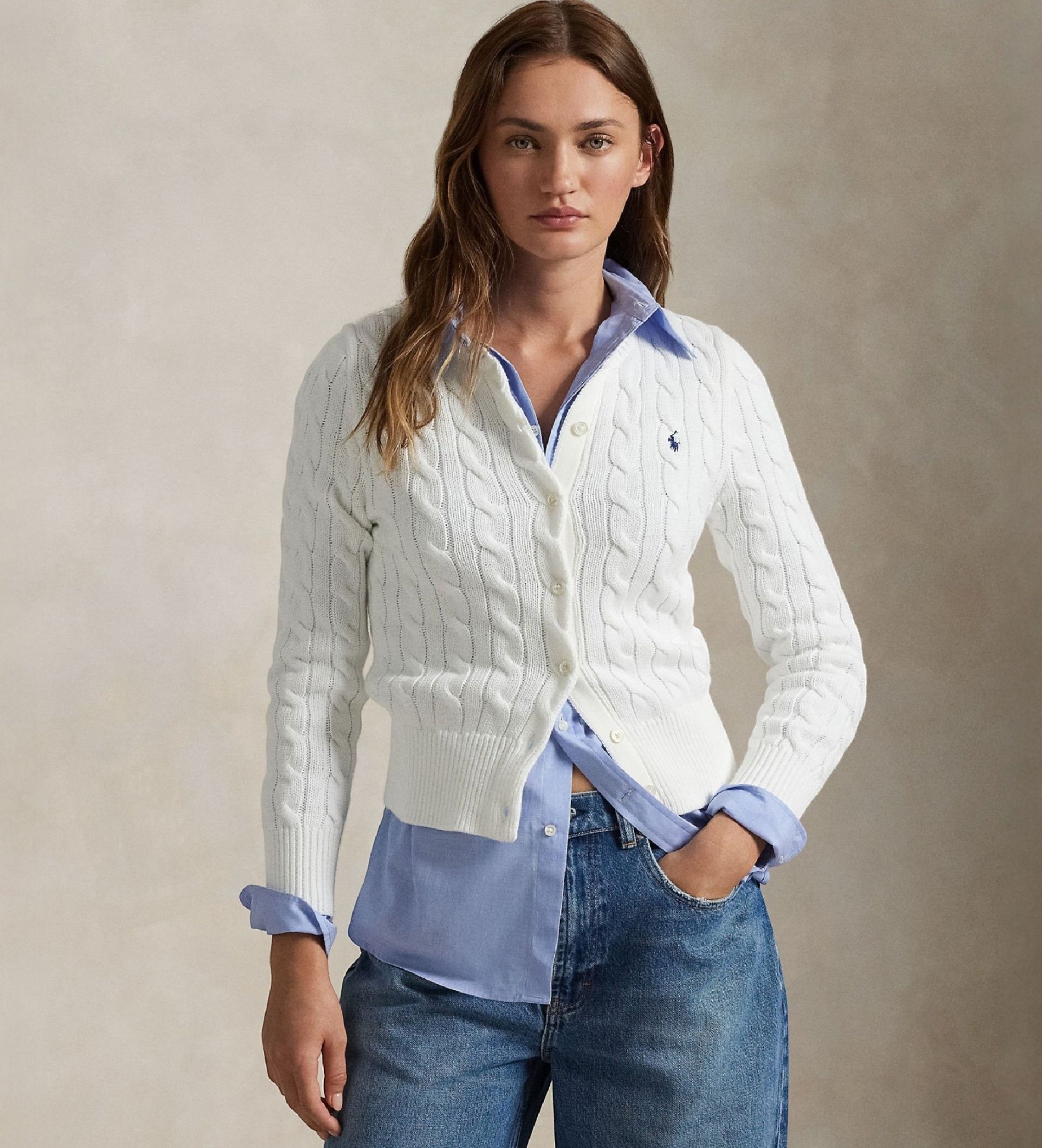 Polo Ralph Lauren für Damen. 211971868007 Strickjacke aus Baumwolle in weißem Ecru-Stoff (M), Lässig