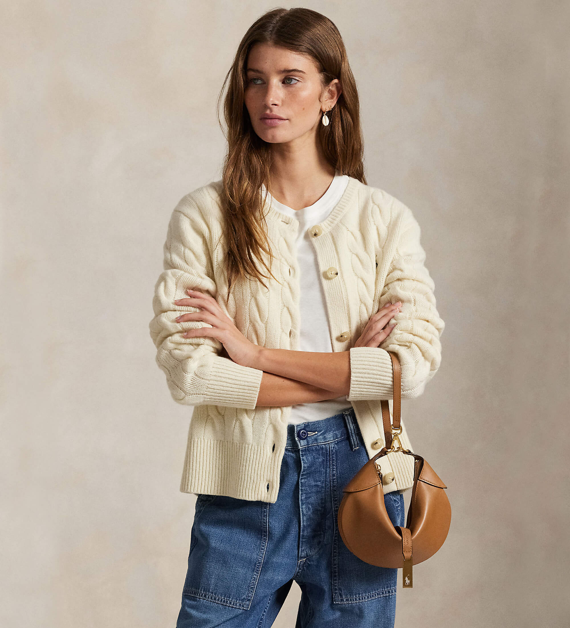Polo Ralph Lauren für Damen. 211972104002 Beige Cardigan aus Wolle und Kaschmir (S), Lässig, Klassisch