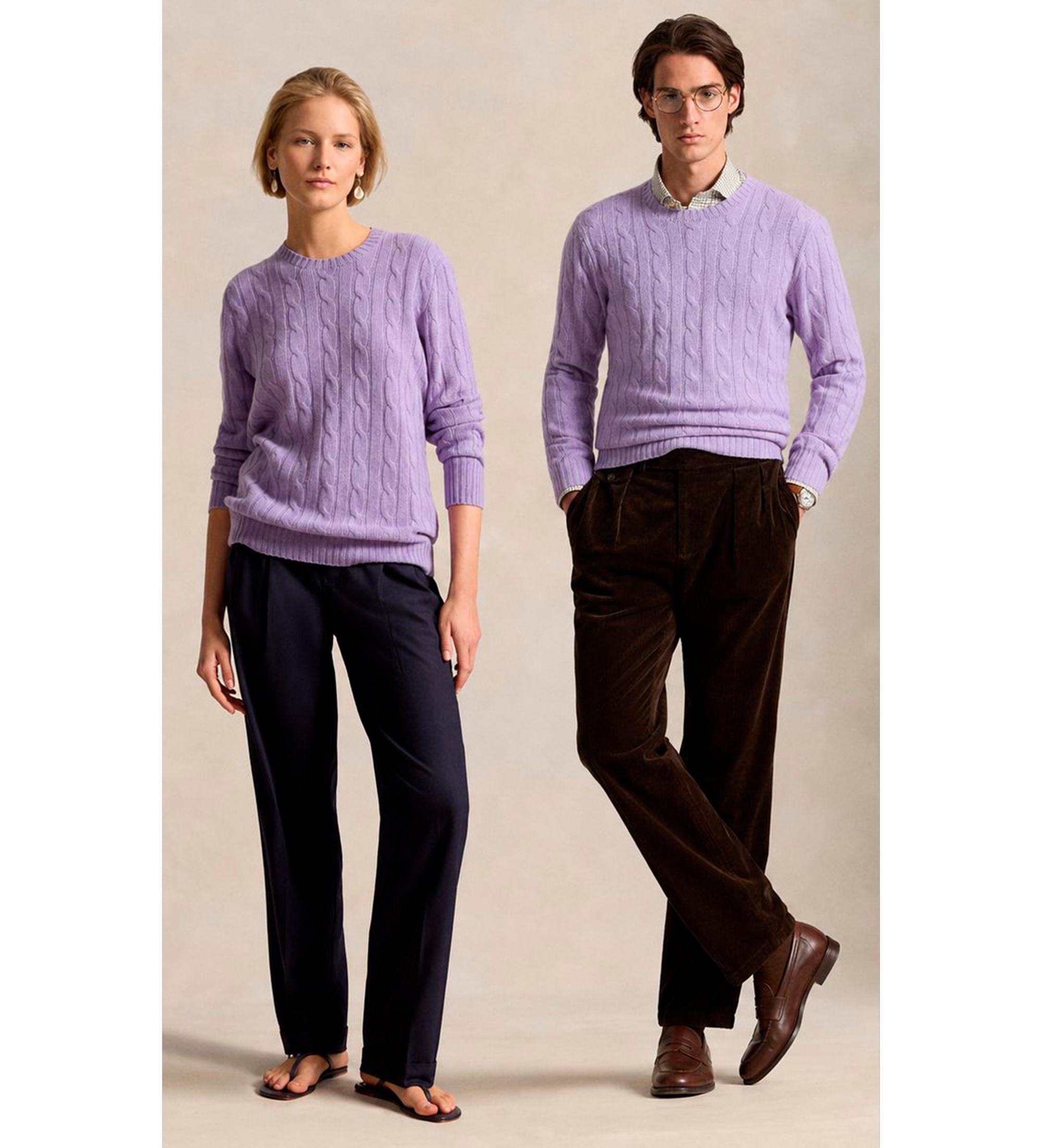 Polo Ralph Lauren Unisex. 710876728532 Der fliederfarbene Kaschmirpullover mit Zopfmuster (L), Lässig, Cachemir, Langarm