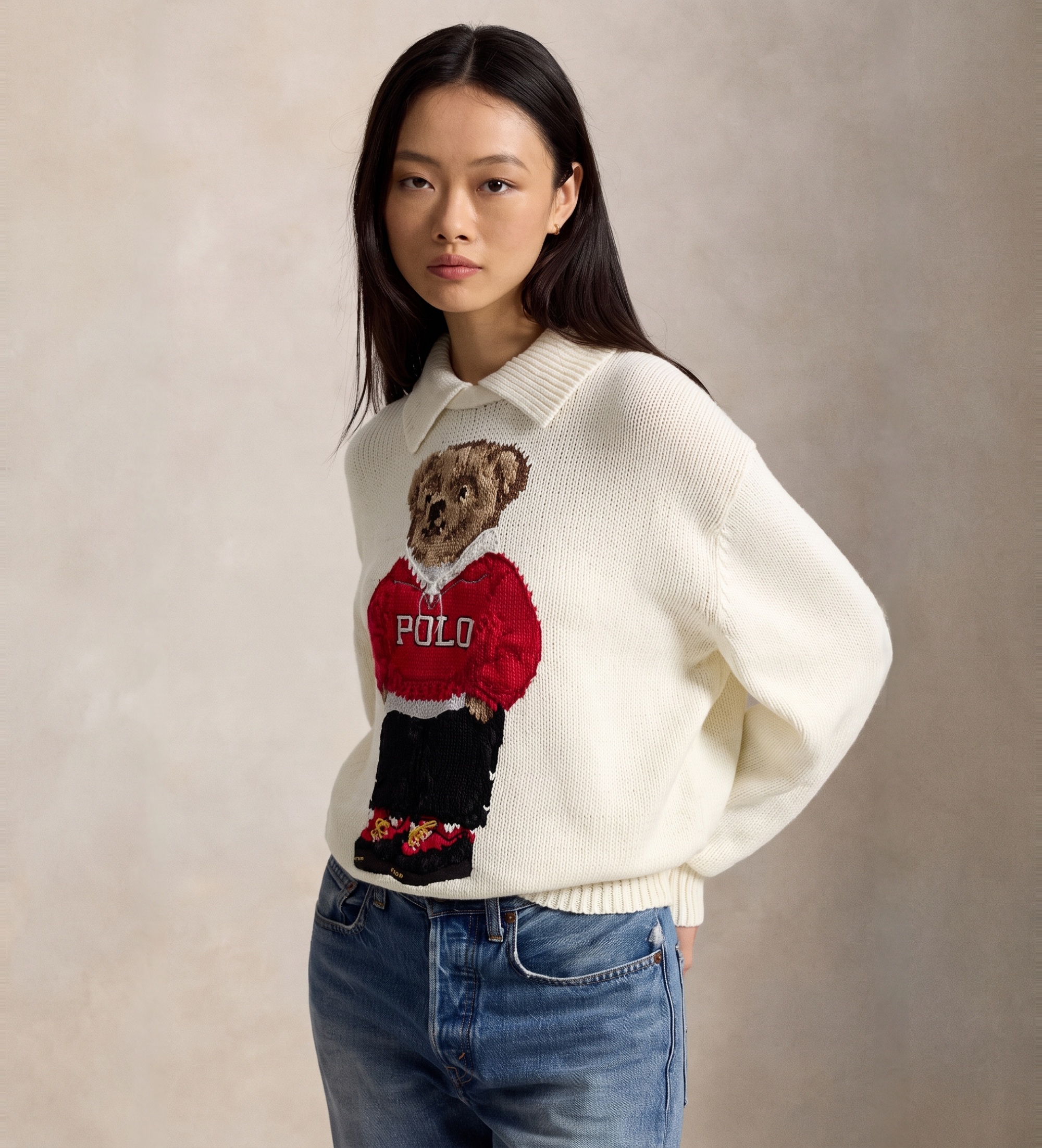 Polo Ralph Lauren für Damen. 211B17764001 Pullover aus Leinen und Baumwolle mit weißem Polo-Bären-Motiv (S), Lässig, Langarm